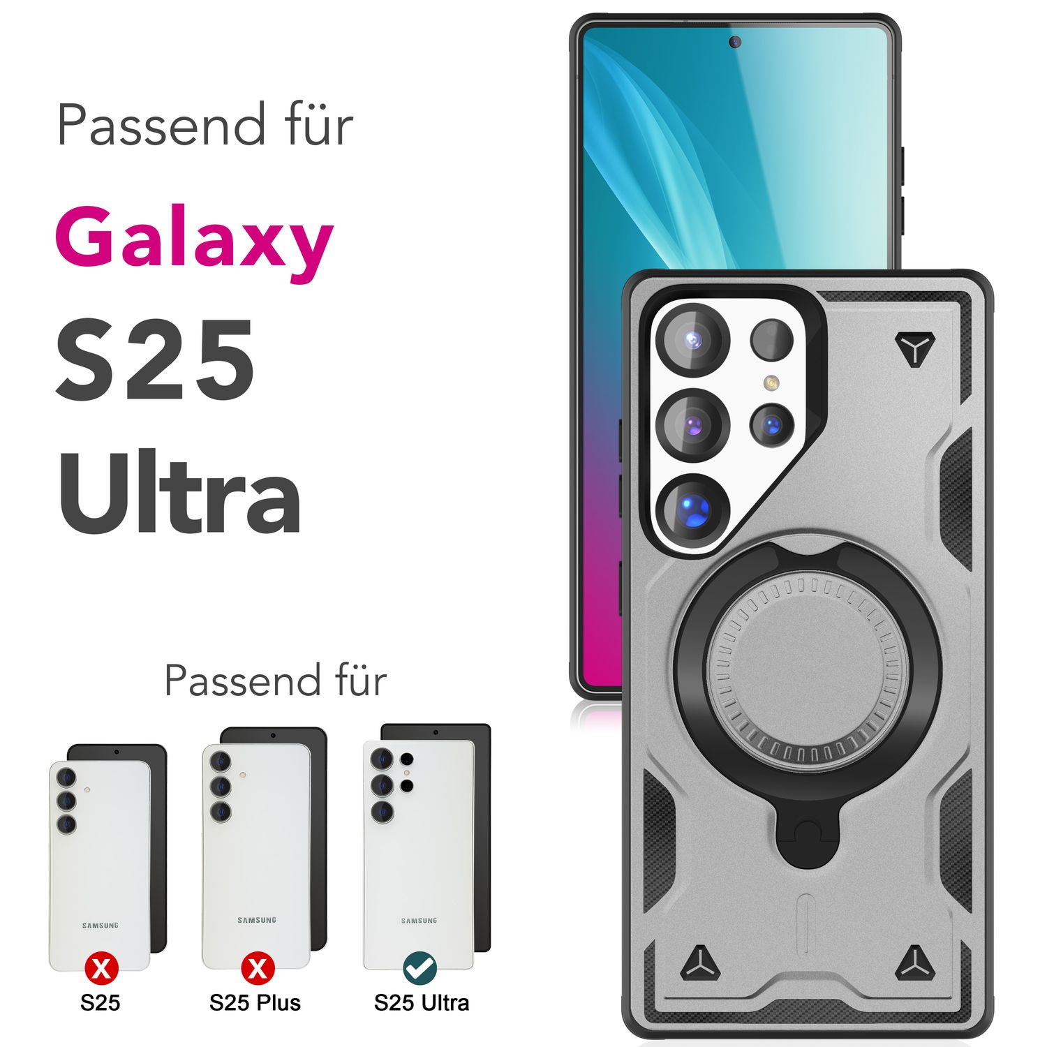 Graue Handyhülle mit schwarzem Ring, ein Telefon und drei Telefone. Text: Galaxy S25 Ultra.