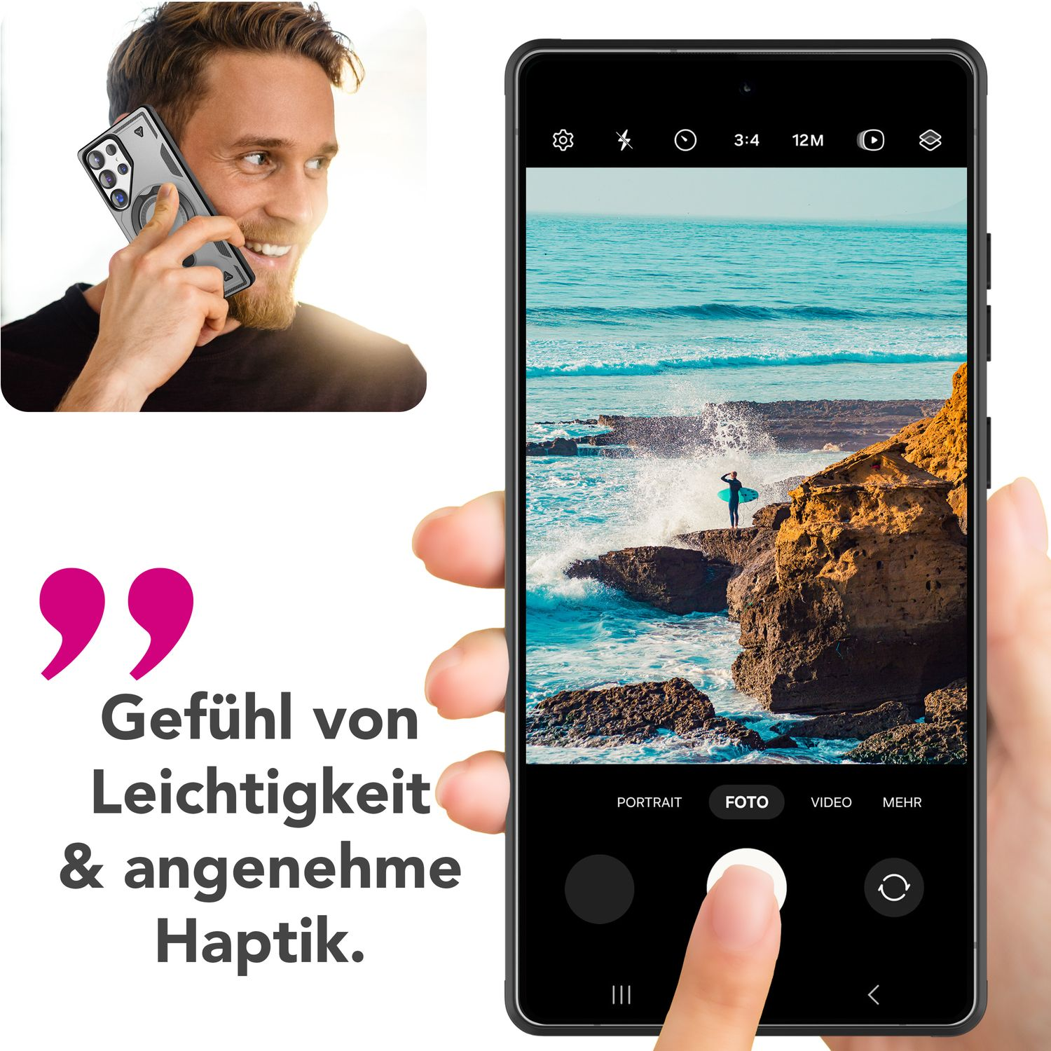 Ein Mann hält ein Telefon mit einem Strandfoto. Das Telefon hat eine Kameraoberfläche.