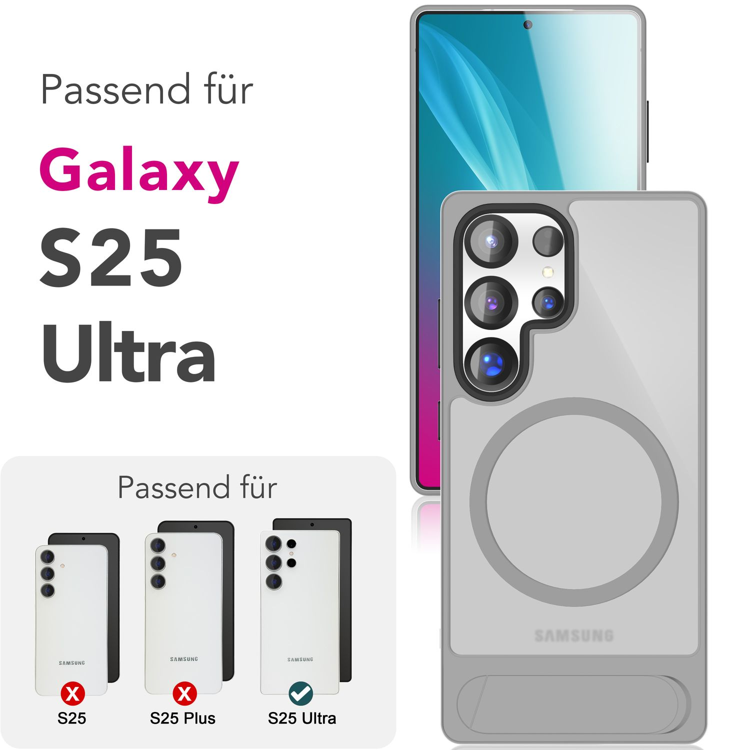 Graue Handyhülle auf einem Telefon. Text sagt Galaxy S25 Ultra, mit Bildern von Handys.