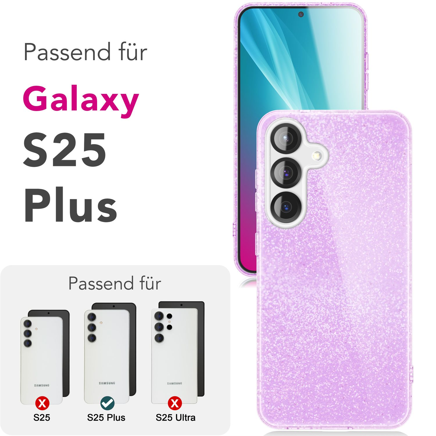 Eine lila Handyhülle auf einem Telefon. Text sagt Galaxy S25 Plus, mit Bildern von Handys.