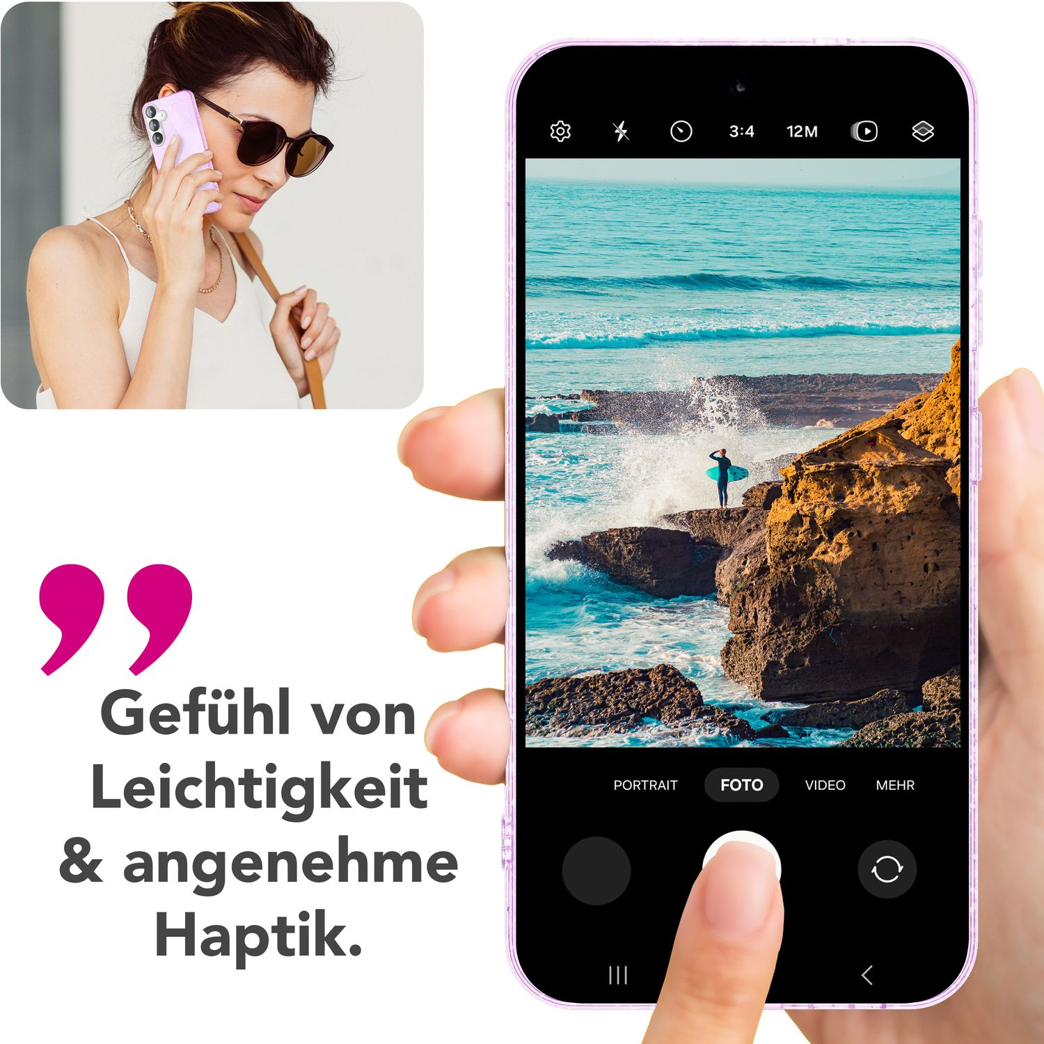 Eine Frau telefoniert und hält ein Telefon mit Hülle. Der Hintergrund ist ein malerischer Strand.