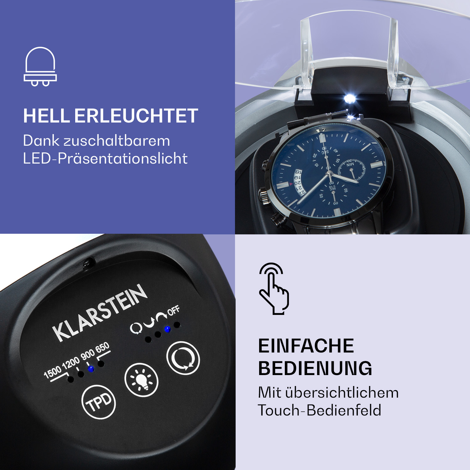 Eine Uhr Detail. Text: Hell beleuchtet, einfache Bedienung, einfaches Touch-Panel. Klarstein Label.