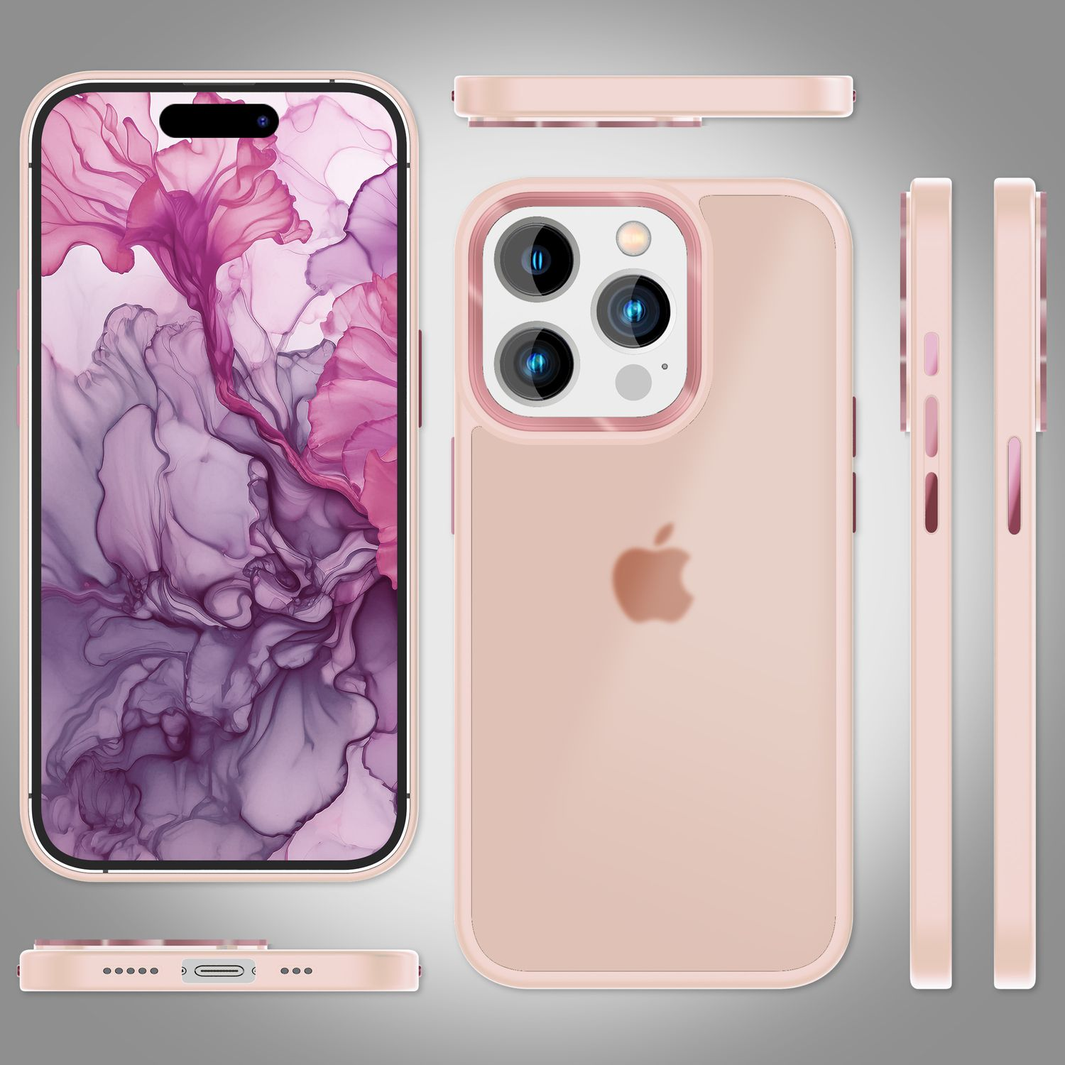 Coque de téléphone rose. Plusieurs angles. L'écran du téléphone affiche un design artistique. Logo Apple.