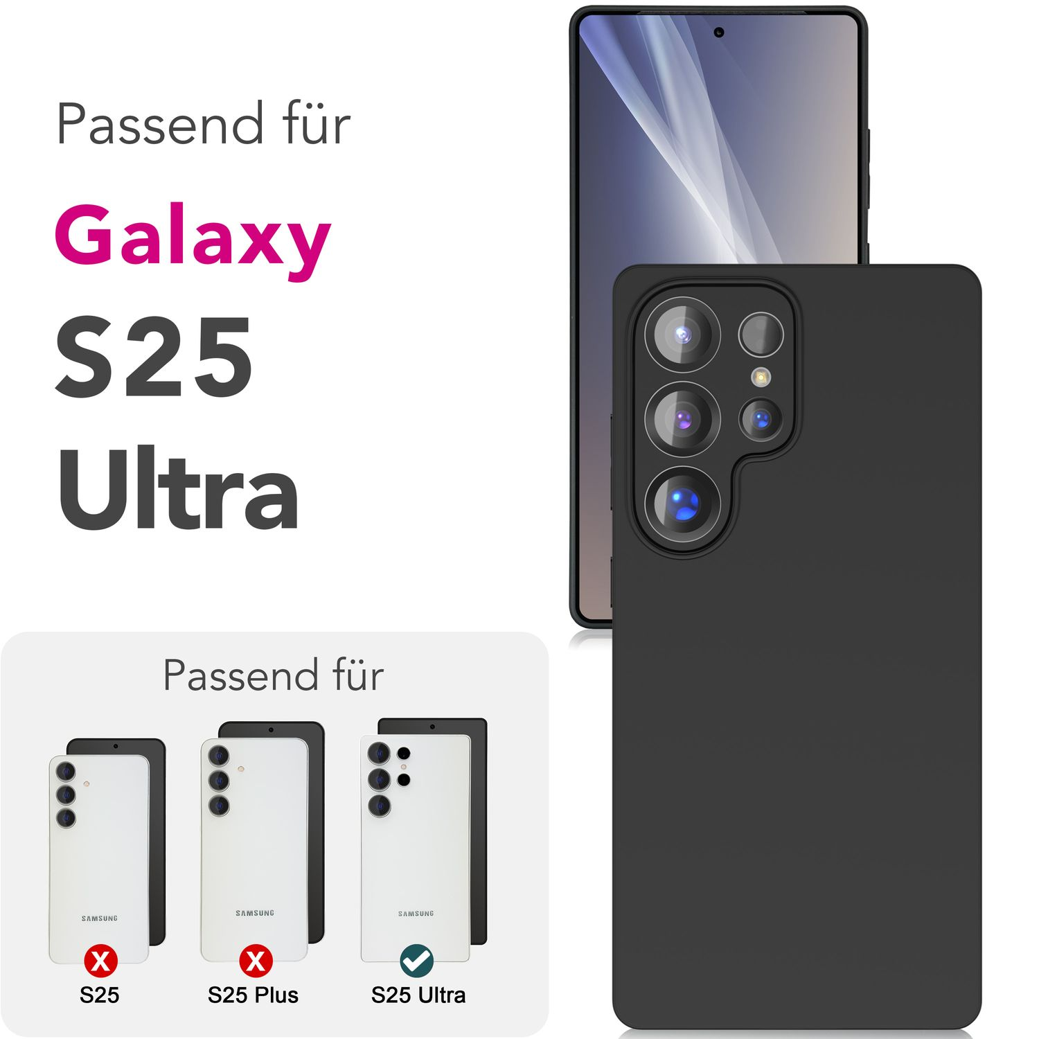 Schwarze Handyhülle und ein Telefon daneben. Text zeigt, dass die Hülle für S25 Ultra ist, mit Häkchen.