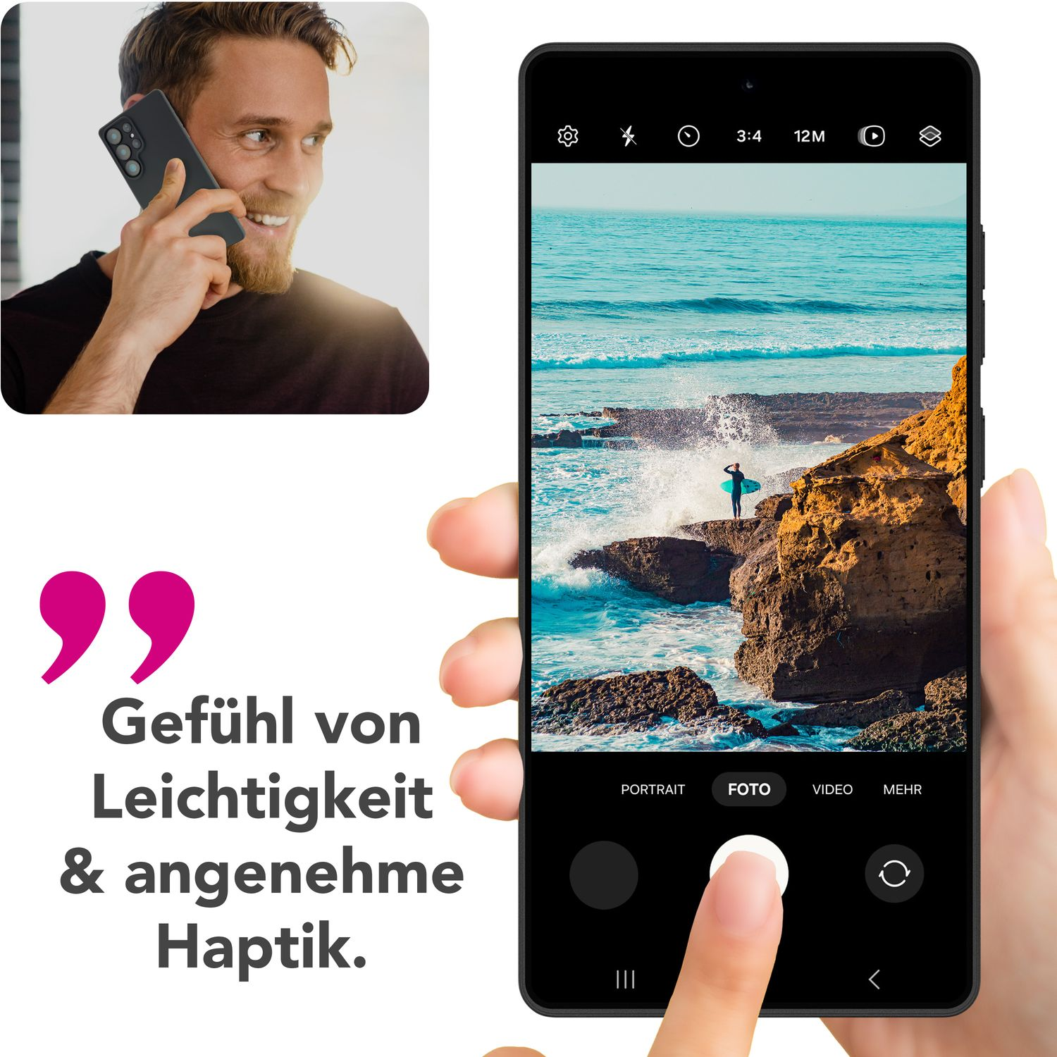 Eine Person hält ein Telefon mit Strandbild. Ein Mann links telefoniert.
