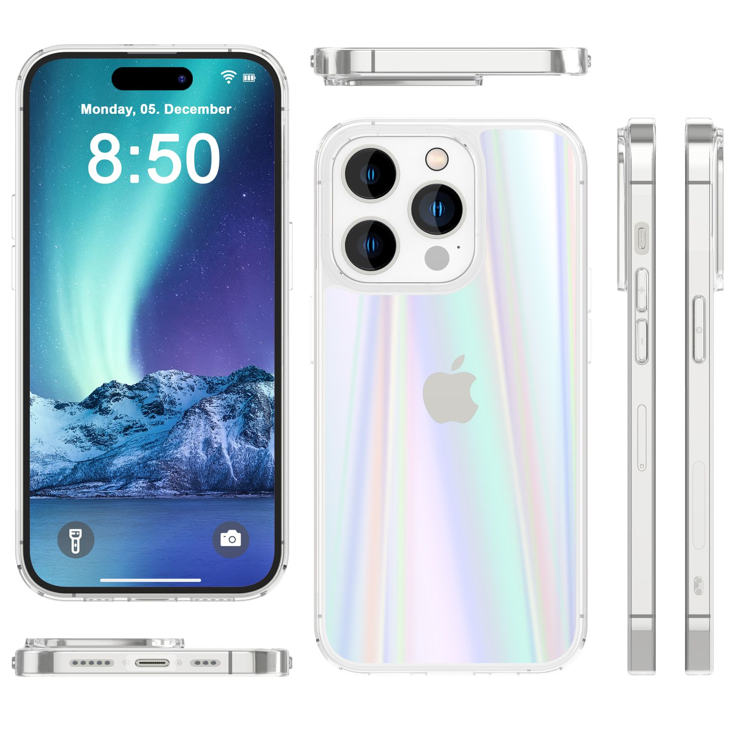 Un teléfono con una funda transparente. Múltiples vistas de la funda del teléfono. Logotipo de Apple.