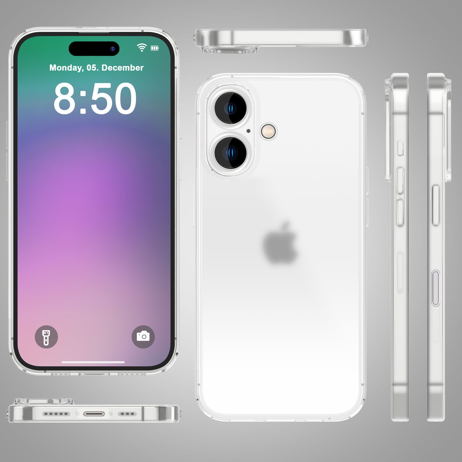 Ein Telefon mit einer transparenten Hülle. Mehrere Ansichten der Handyhülle. Apple-Logo.