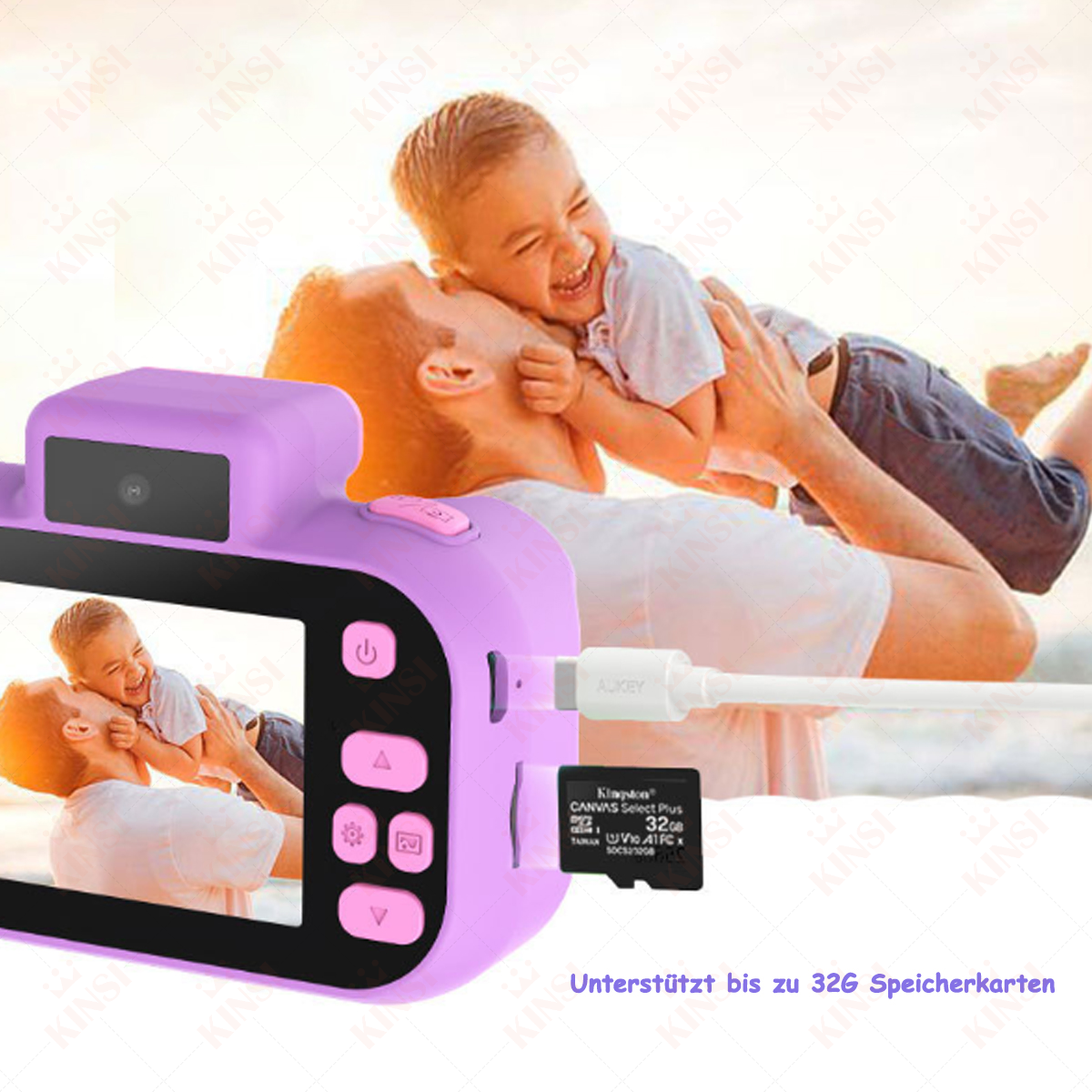 Dziecko trzyma aparat, obejmowane przez dorosłego, włożona karta SD.