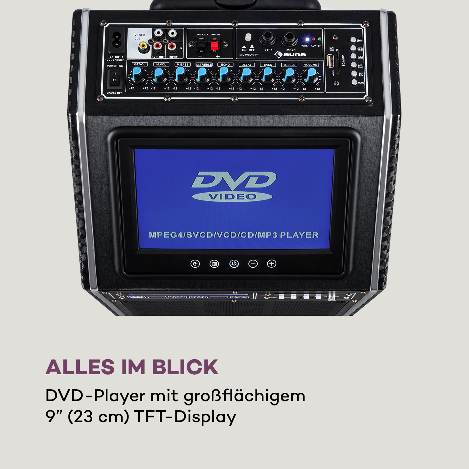 Nahaufnahme eines schwarzen Geräts mit einem Bildschirm, der das DVD Video-Logo und Bedienelemente zeigt.