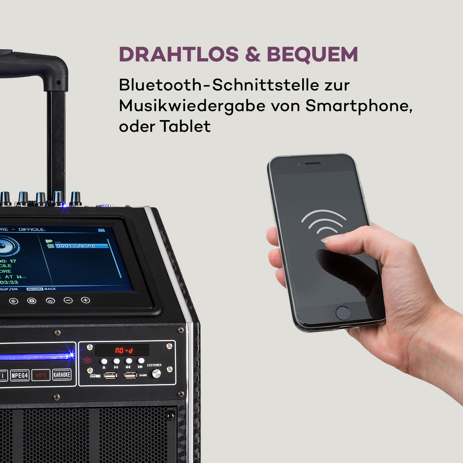 Schwarzer Lautsprecher mit Telefon. Eine Person berührt ein Telefon mit WLAN-Signalen. Weißer Hintergrund.
