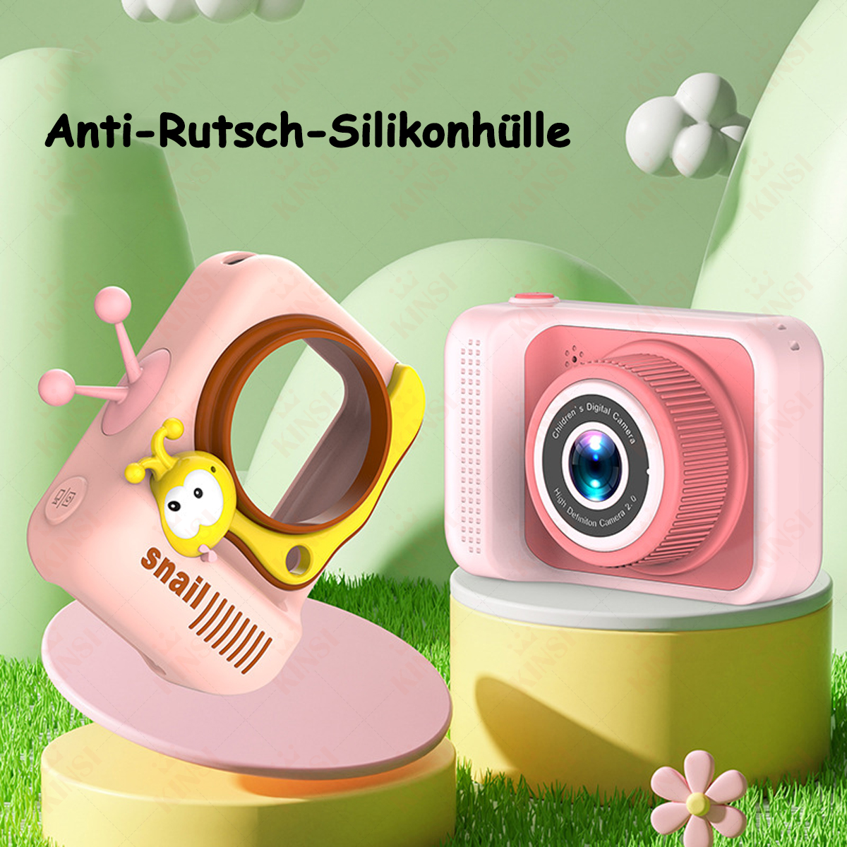 Rosa Kinderkamera mit Schnecken-Design. Sie hat ein Objektiv und ein digitales Display.