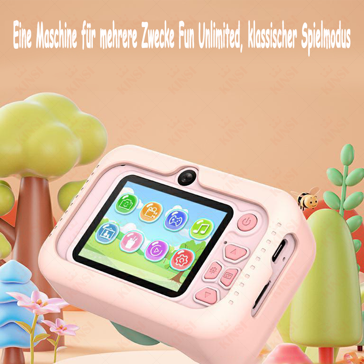 Różowy aparat dla dzieci z ekranem dotykowym, przyciskami i ilustracjami. Zielone i różowe tło.