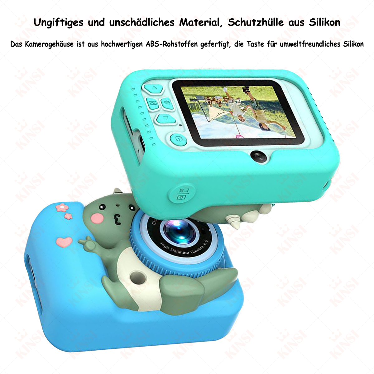 Aparat zabawka z turkusową obudową dinozaura. Aparat ma obiektyw i przyciski.