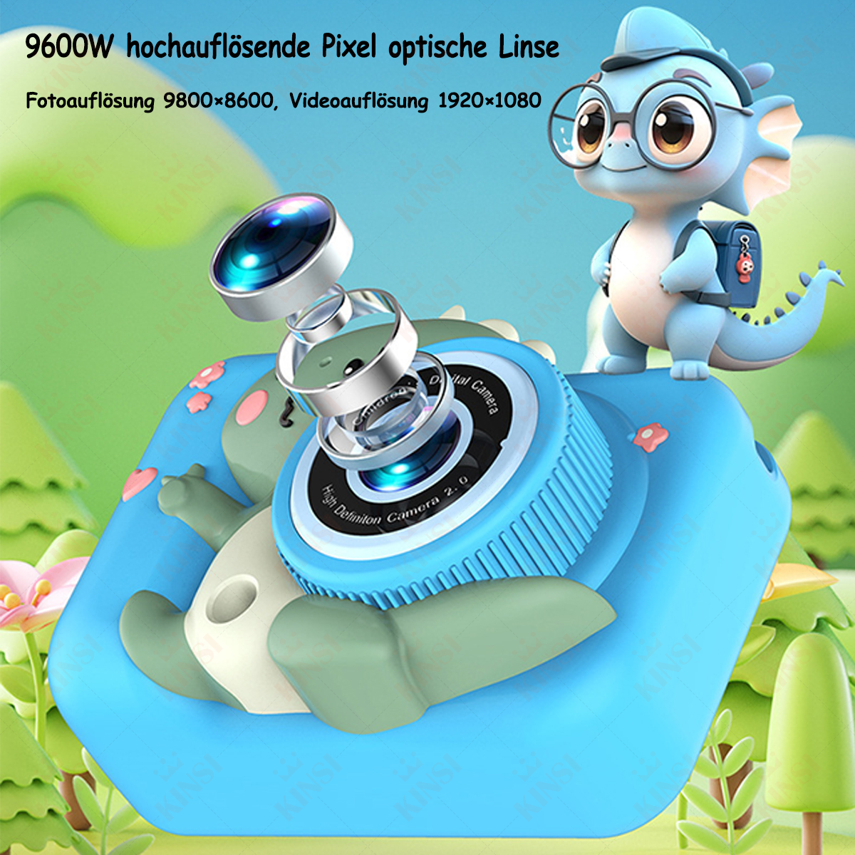 Niebieski aparat zabawka z kreskówkowym smokiem. Posiada aparat cyfrowy i obiektyw.