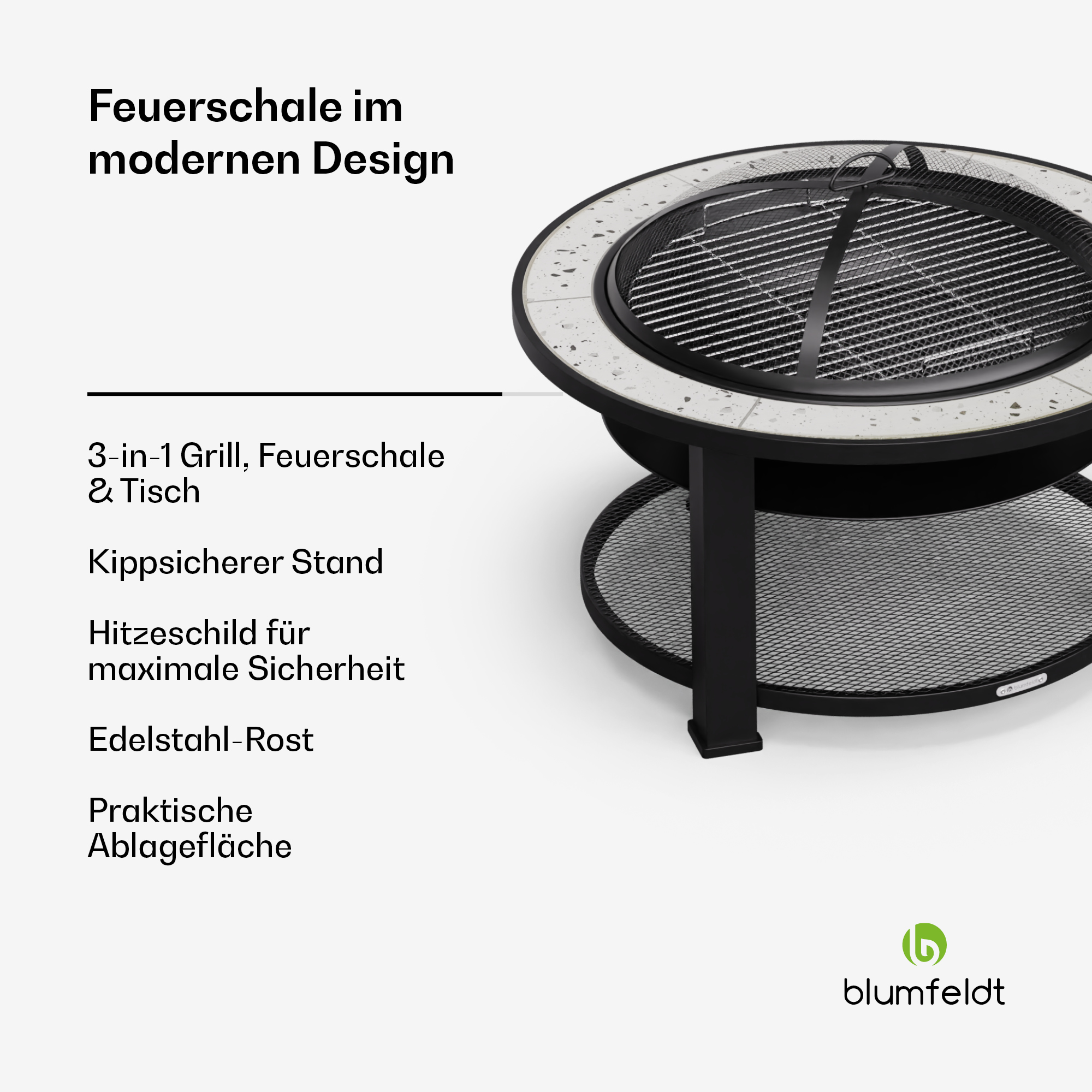 Ein schwarzer Feuerkorb mit Grill und weißem Rand. Es ist ein 3-in-1 Grill, Feuerkorb und Tisch.