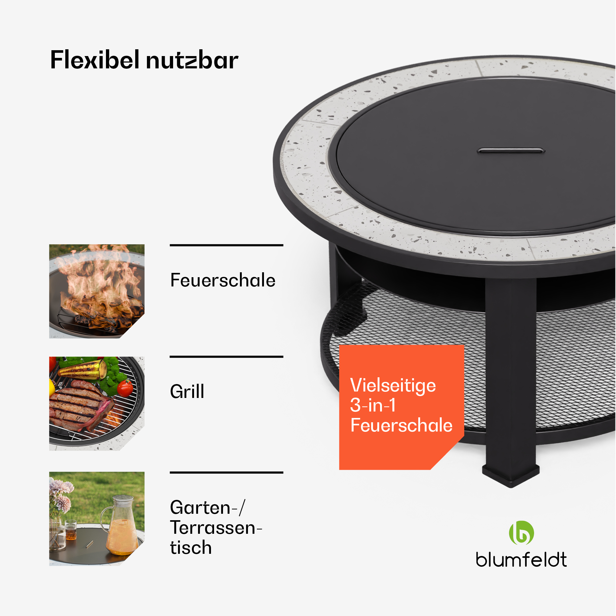 Ein schwarzer Feuerkorb mit weißem Rand. Enthält einen Grill, kann als Terrassentisch genutzt werden. Mit Logo.