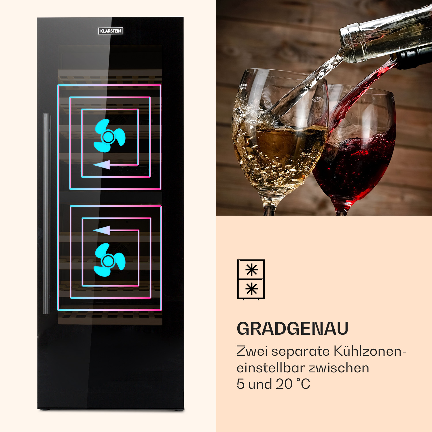 Una vinoteca negra con puerta de cristal, dos zonas de refrigeración separadas y ajustes de temperatura ajustables.
