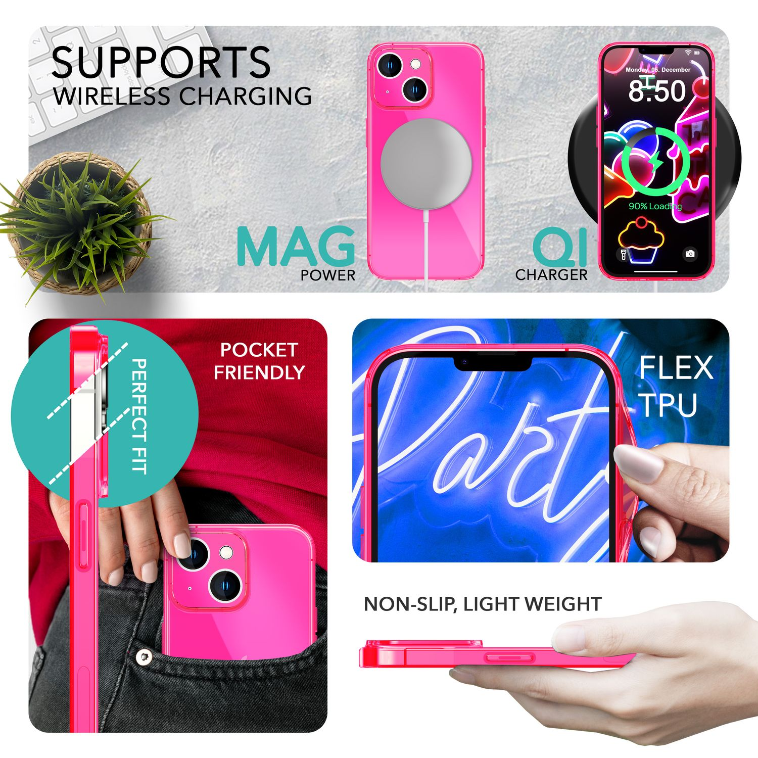 Una funda de teléfono rosa con un teléfono dentro. La funda admite carga inalámbrica, es de bolsillo y ligera.