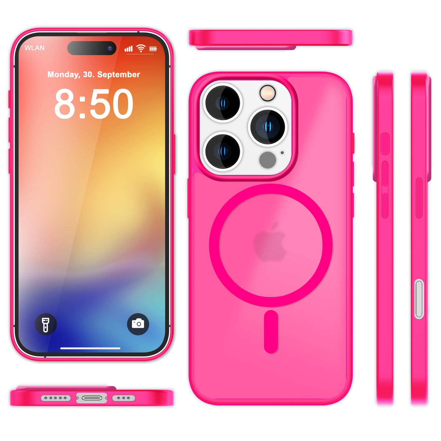 Pinke Handyhülle mit MagSafe-Ring, umgibt ein Telefon mit Uhrzeit auf dem Bildschirm.