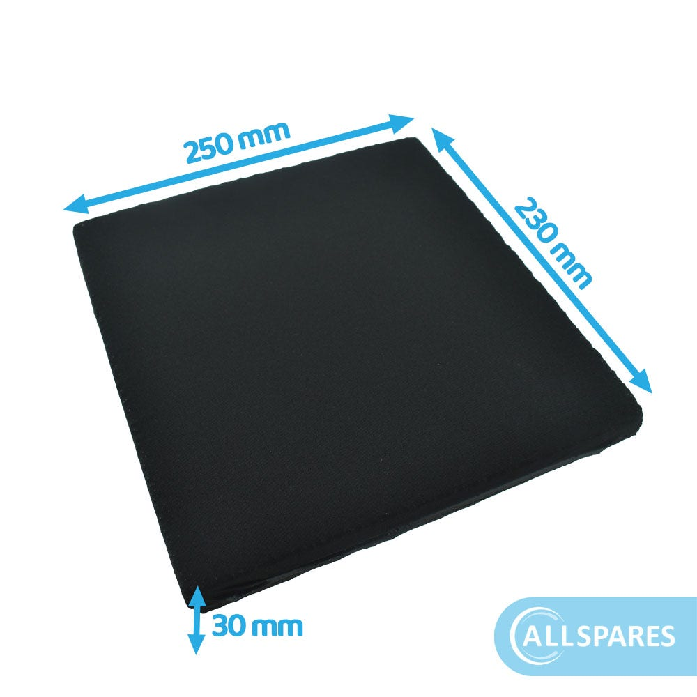 Un cuscino per sedile in schiuma nero con dimensioni: 250 mm x 230 mm x 30 mm, con logo Allspares.