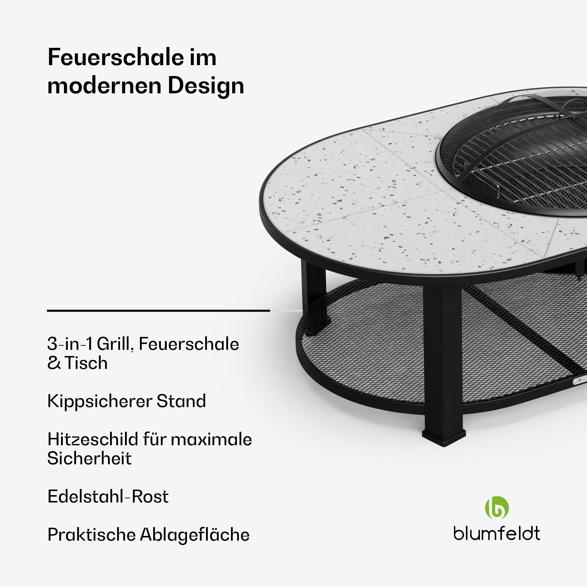 Feuertisch im modernen Design mit schwarzem Unterbau und weißer, gesprenkelter Oberfläche.
