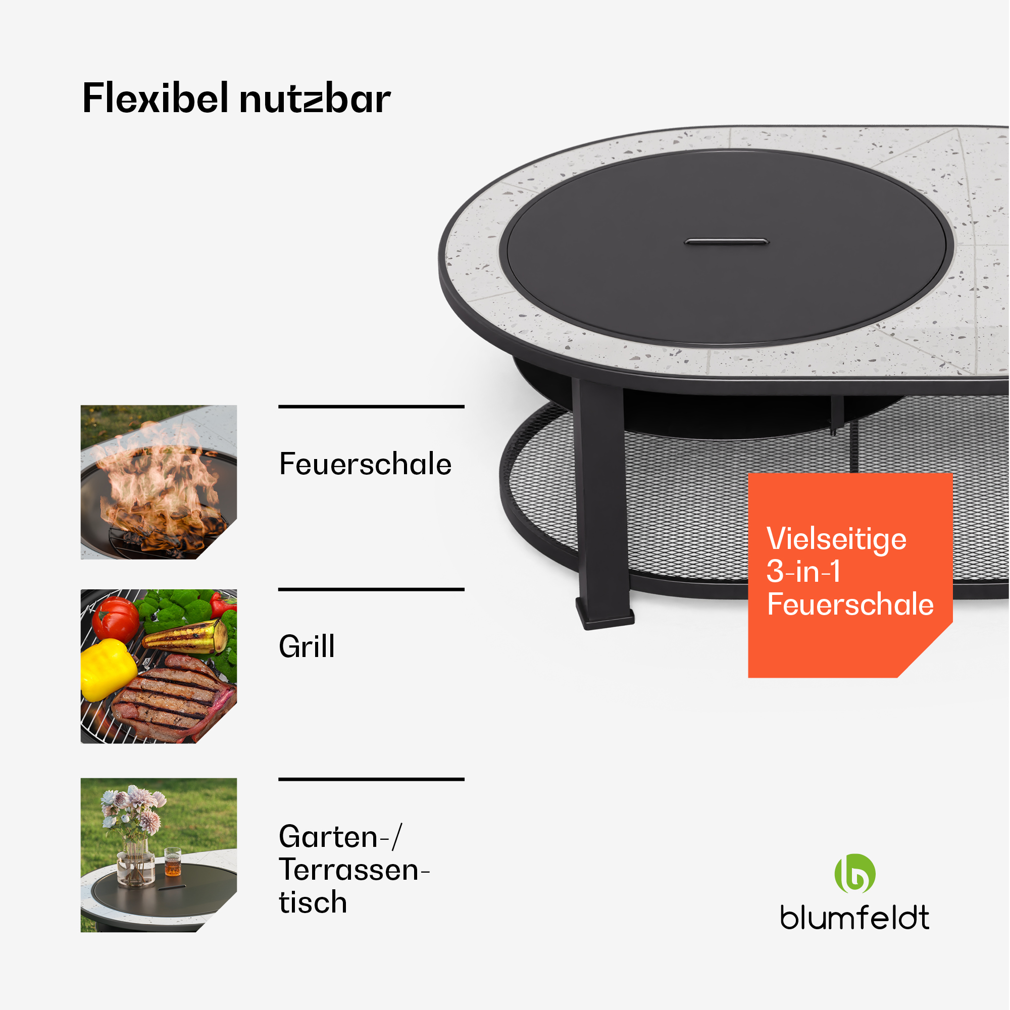 Ein schwarzer Feuerstellen-Tisch mit vielfältigen Anwendungen: Feuerstelle, Grill und Gartentisch.