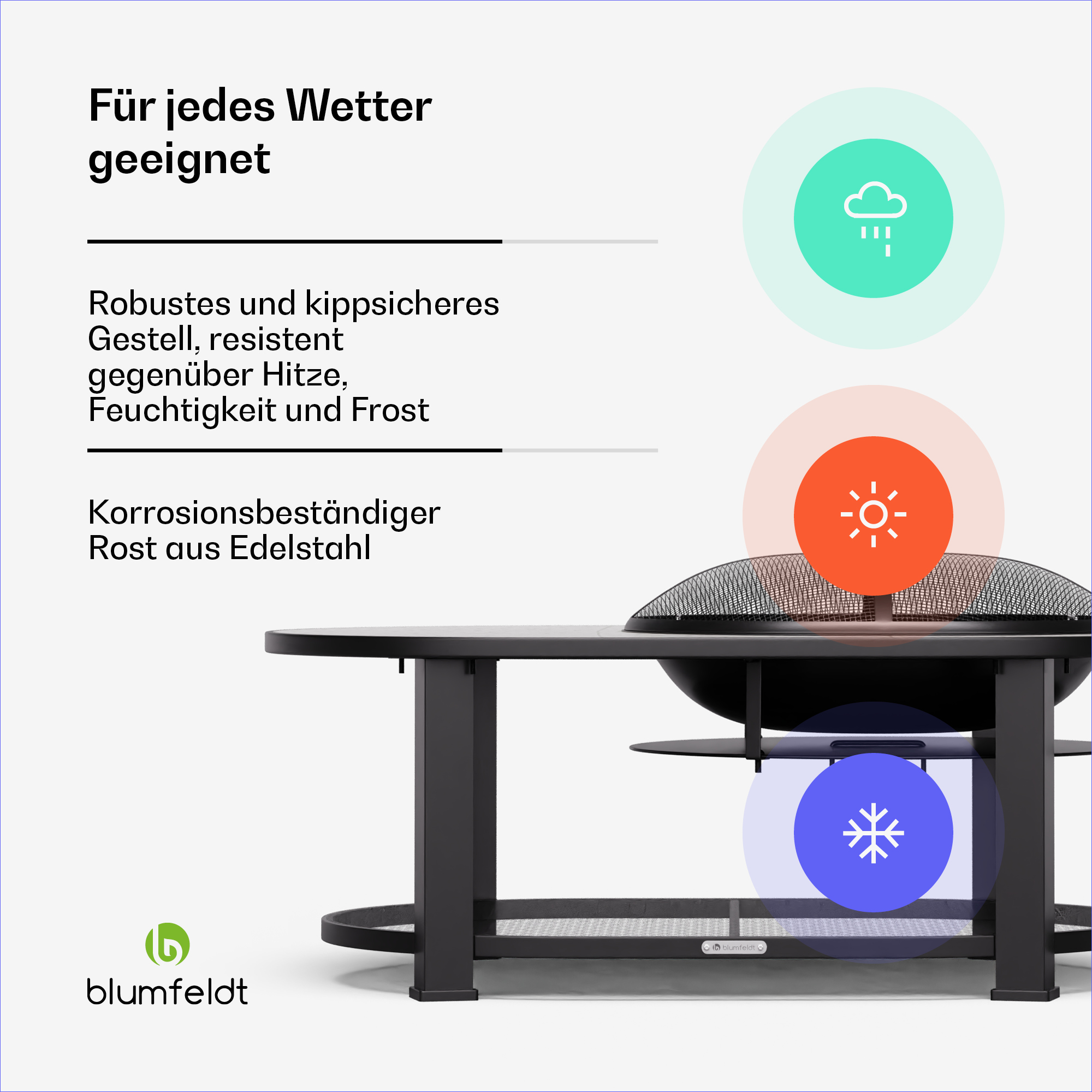 Ein schwarzer Gartentisch mit Grafiken für Wetter- und Korrosionsbeständigkeit. Oben befindet sich ein runder Grill.