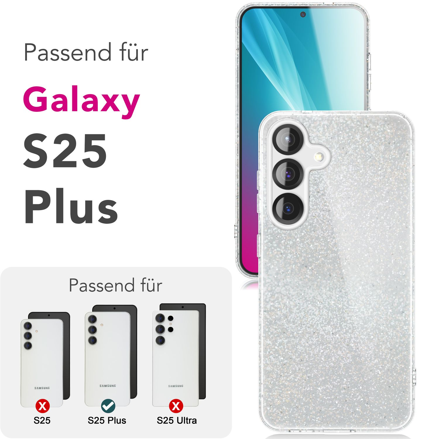 Samsung Galaxy S25 Plus Telefon und Hülle mit Kompatibilitätsanzeigen.