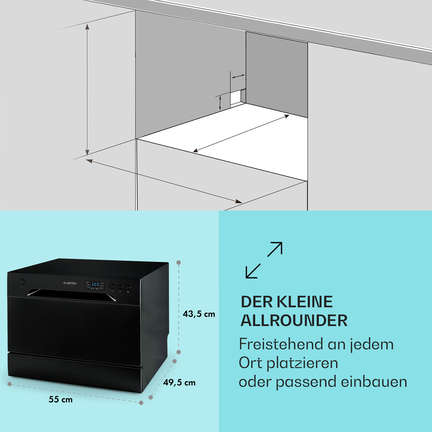 Schwarzer Geschirrspüler mit Abmessungen und Diagramm für den Einbau.
