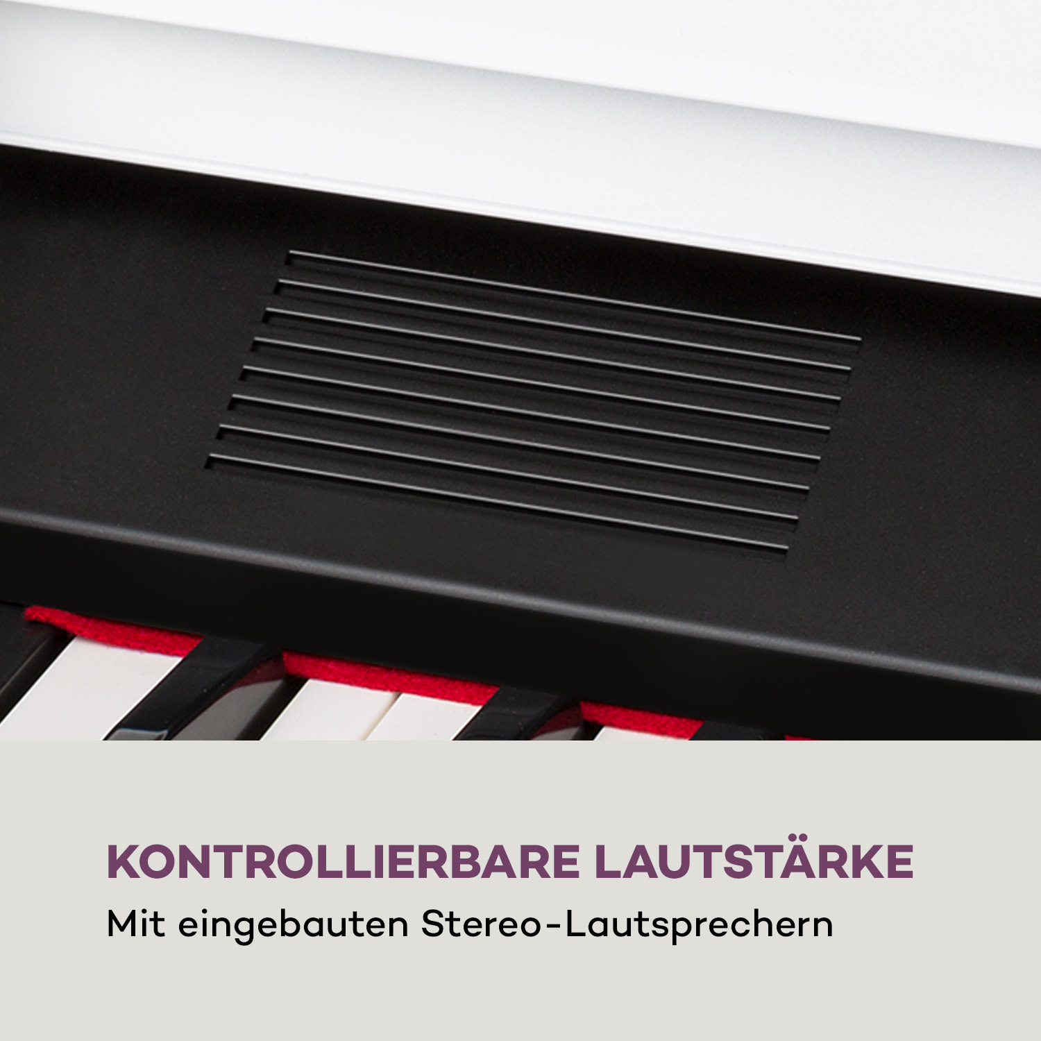 Ein Klavierlautsprechergitter mit Text über kontrollierbare Lautstärke und eingebaute Stereolautsprecher.