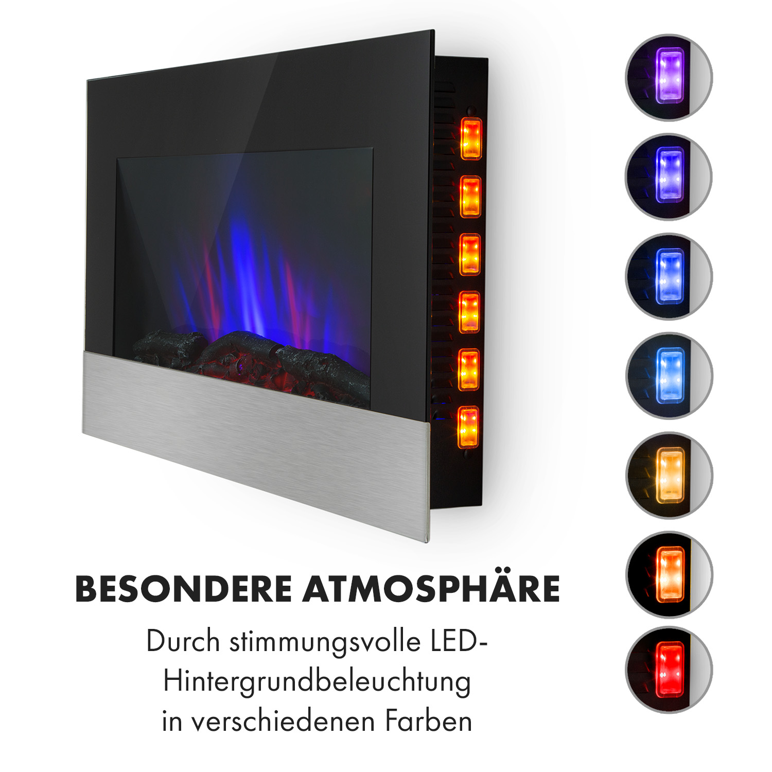 Caminetto elettrico con luci a LED colorate. Cornice nera, base argentata. Diverse opzioni di luce.