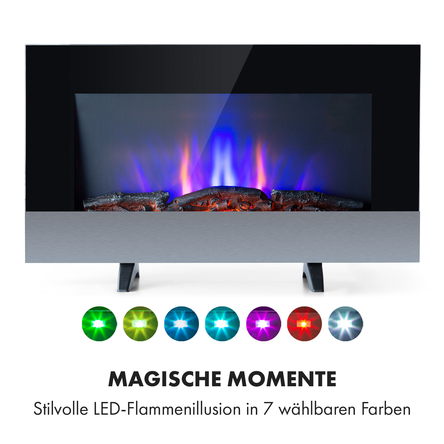 Caminetto elettrico con frontale nero ed effetti fiamma colorati. Sette colori LED.