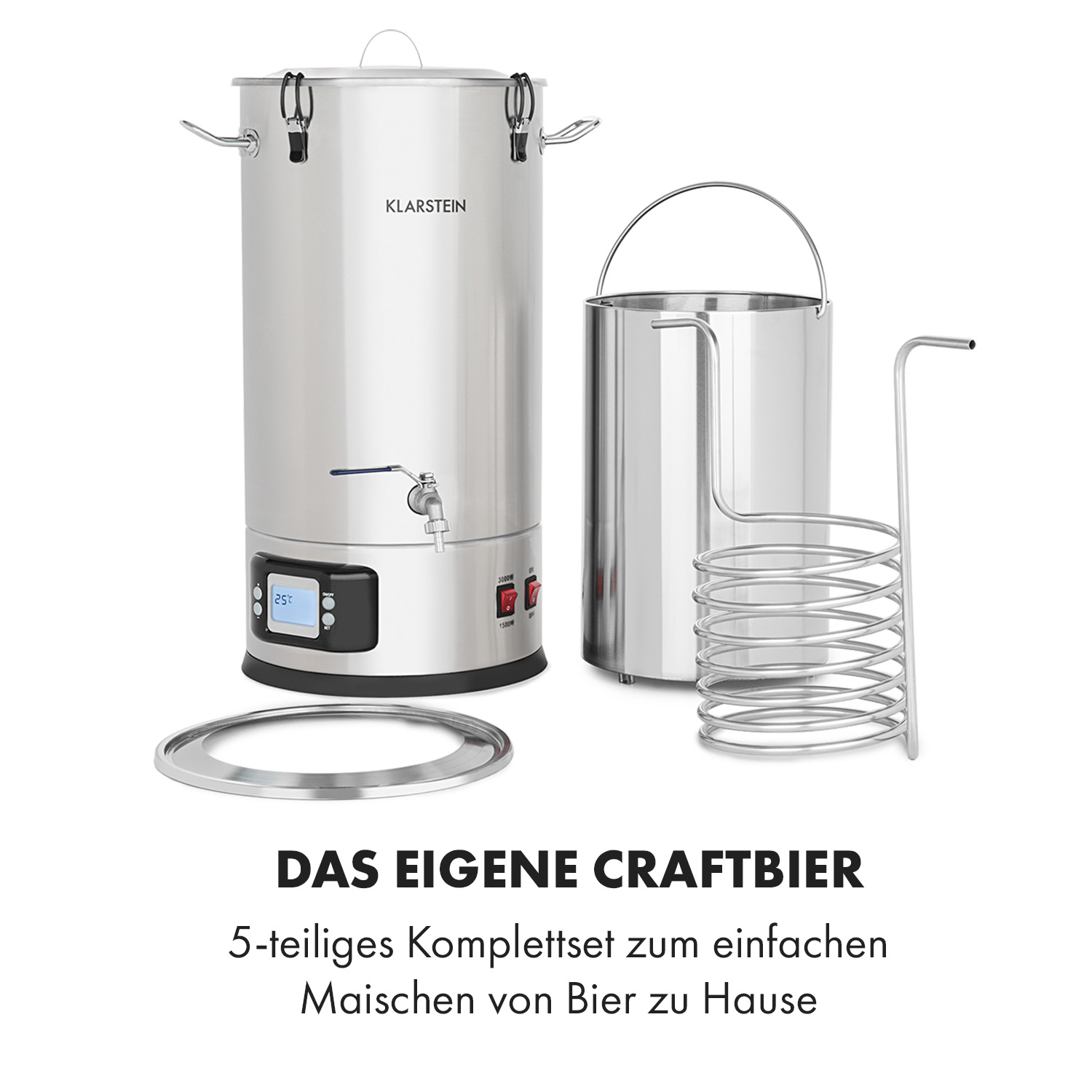 Brauanlage aus Edelstahl mit Zapfhahn und Digitalanzeige.