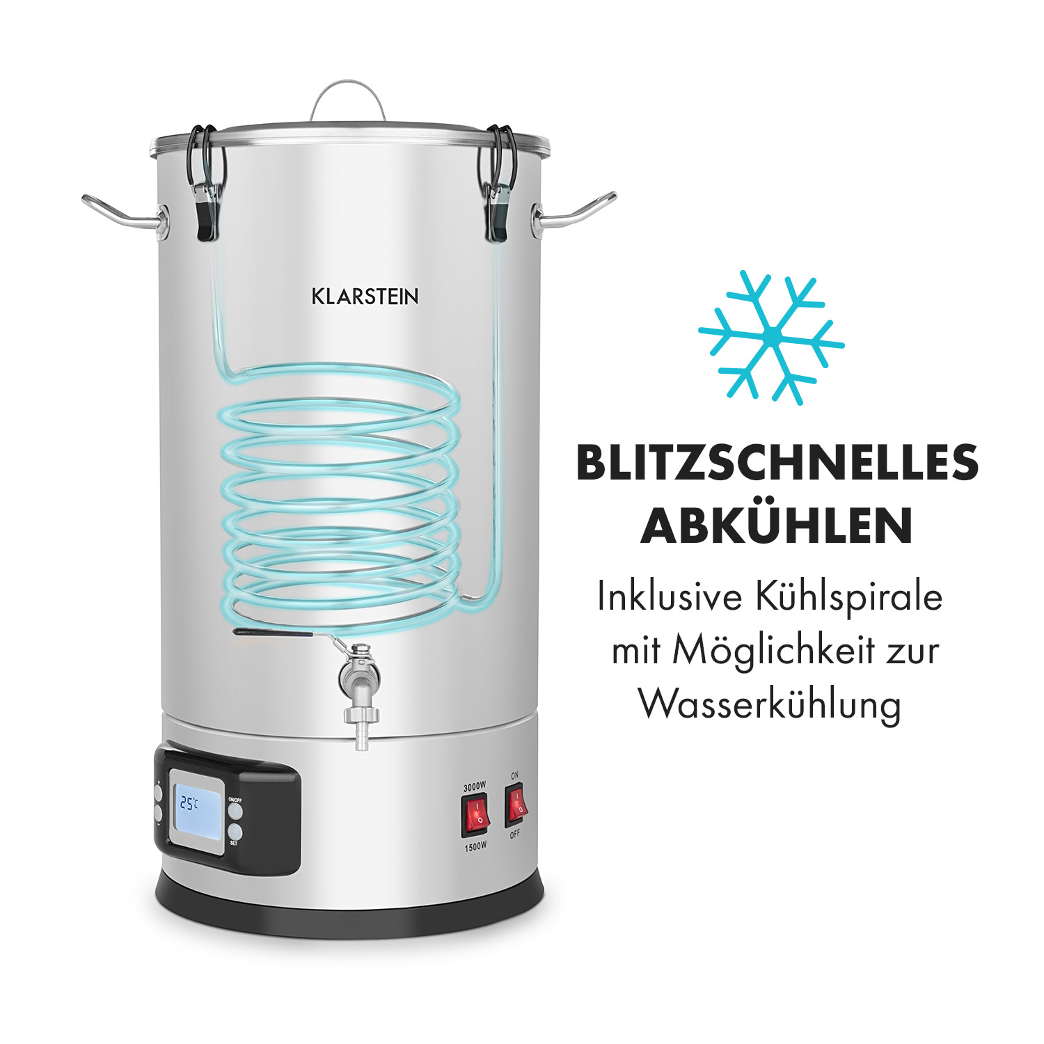 Silberne Braumaschine mit Kühlspirale und Digitalanzeige. Zeigt den Kühlprozess.