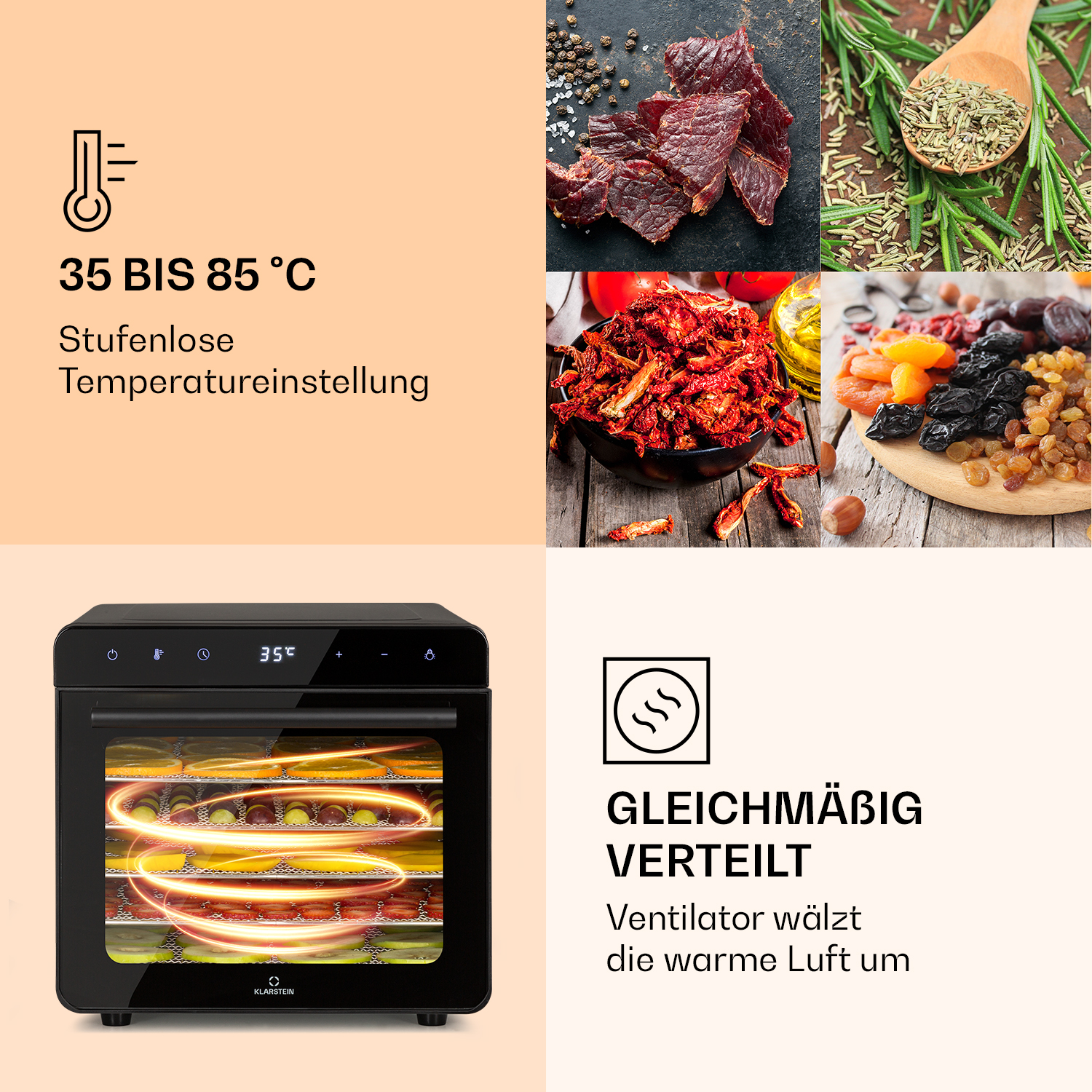 Ein Dörrautomat mit getrockneten Lebensmitteln und Temperaturregelung, von 35 bis 85°C.