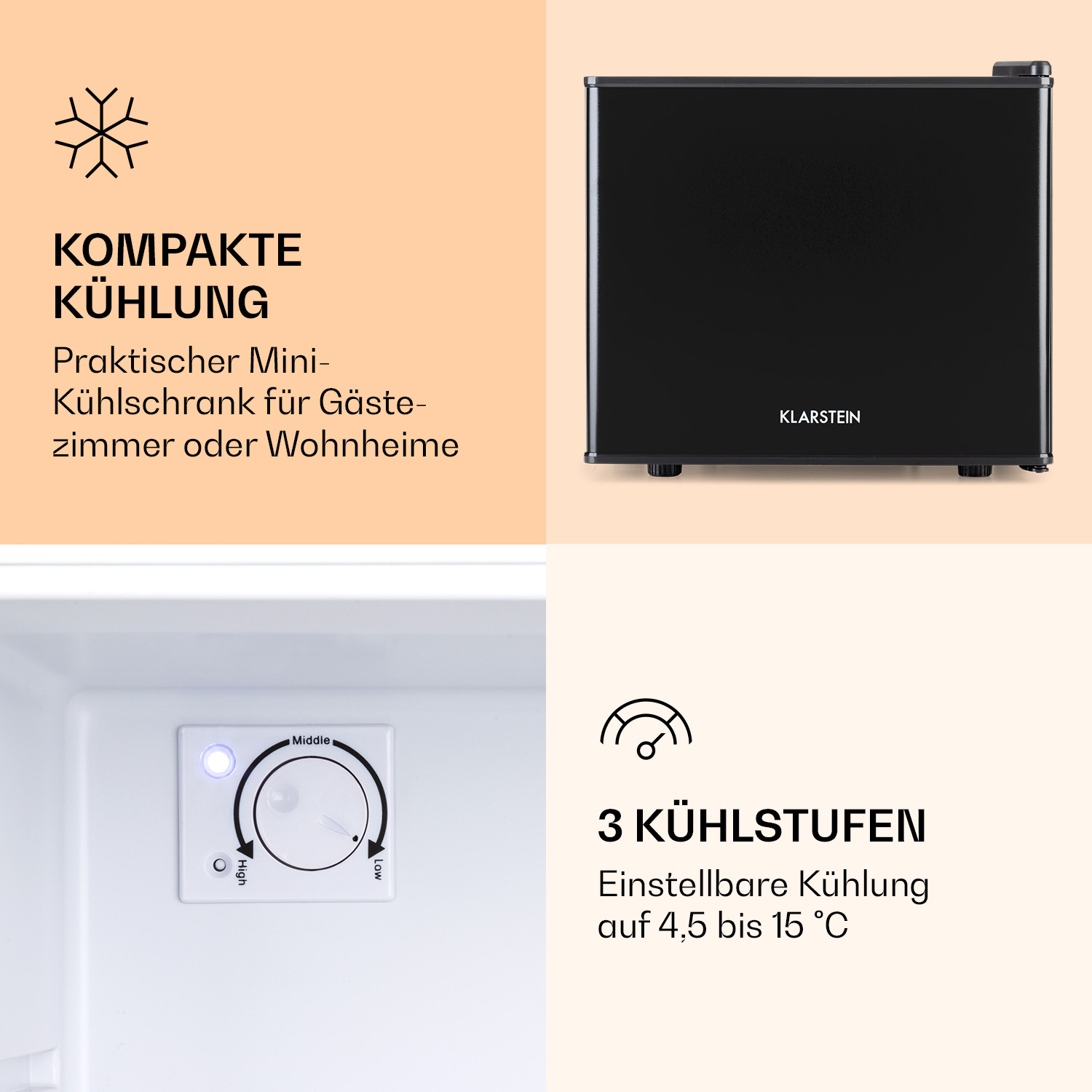 Schwarzer Mini-Kühlschrank mit Text über kompakte Kühlung und 3 Kühlstufen: 4,5-15°C.