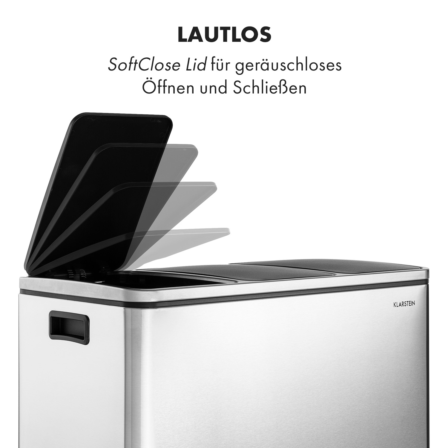 Edelstahl-Mülleimer mit sich öffnendem Deckel. Text: SoftClose Deckel für leises Öffnen/Schließen.