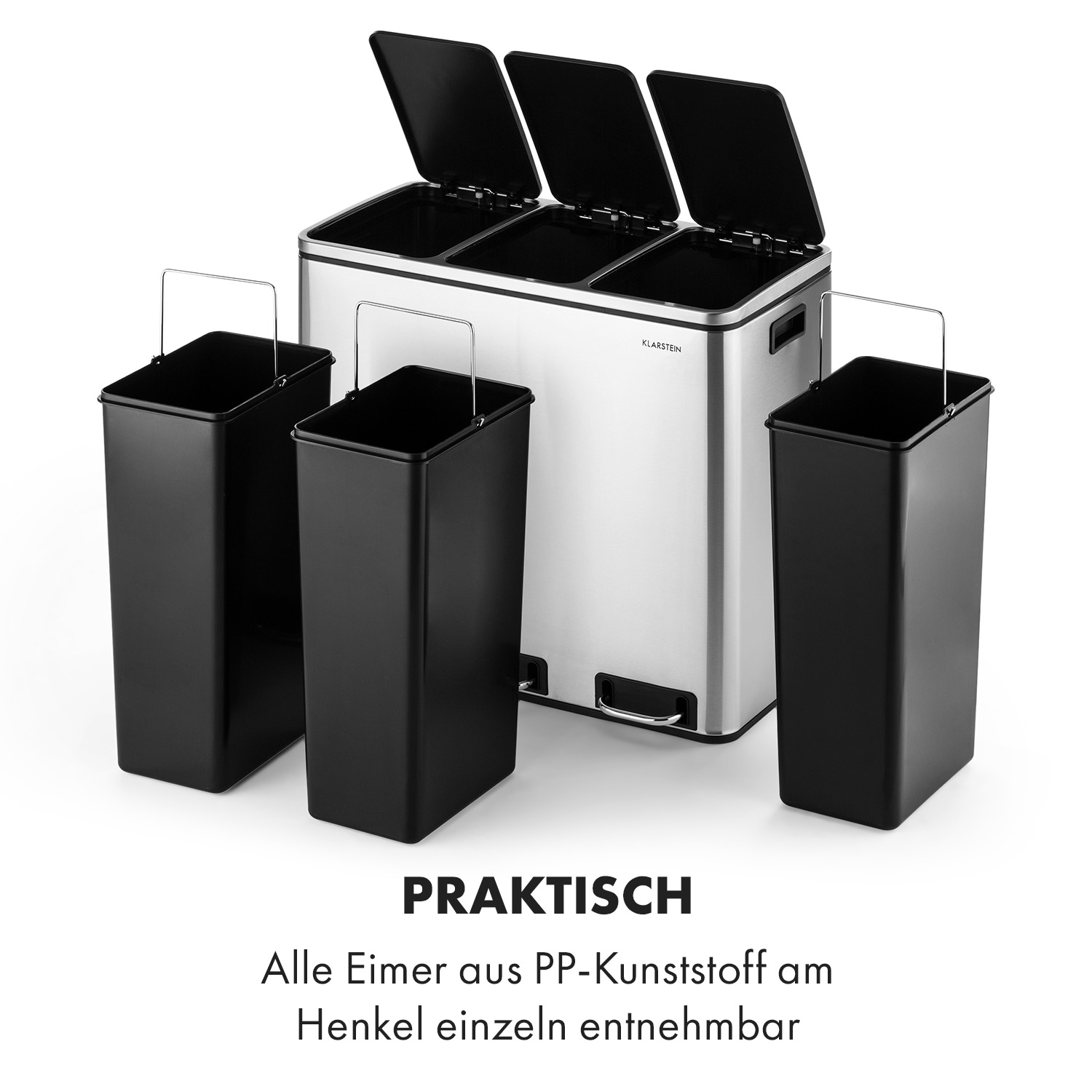 Ein Mülleimer aus Edelstahl mit drei Fächern und vier schwarzen Behältern mit Griffen.