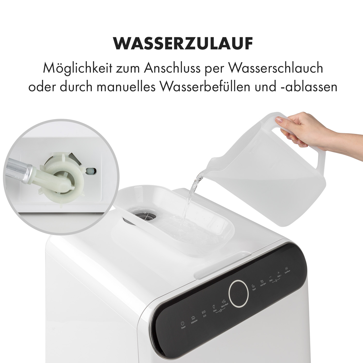 Una máquina blanca con características de entrada de agua. Mano vertiendo agua.