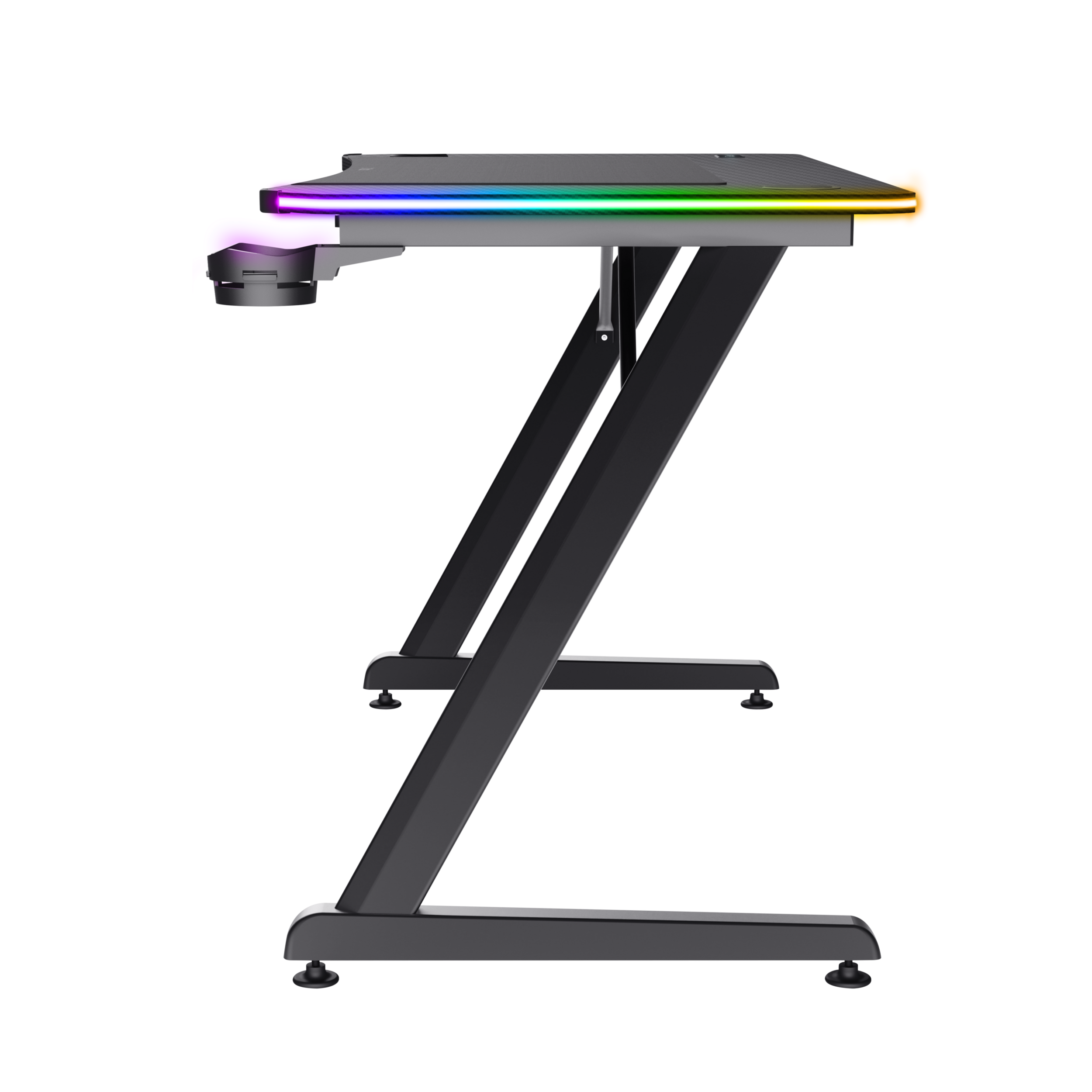 Zijaanzicht van een zwart gamingbureau met Z-vormige poten en meerkleurige LED-verlichting.