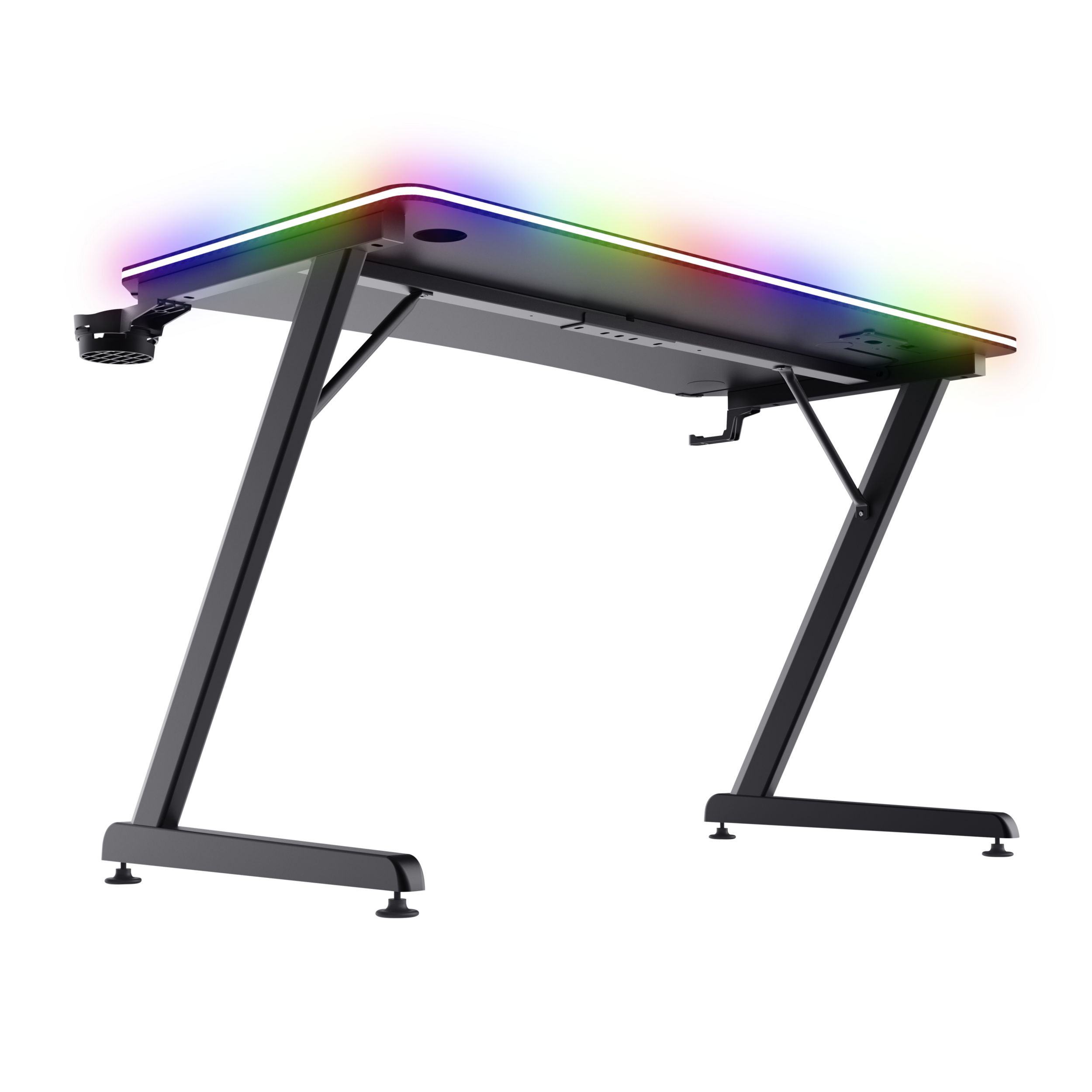 Onderaanzicht, zwart gamingbureau met LED-verlichting en Z-vormige poten.
