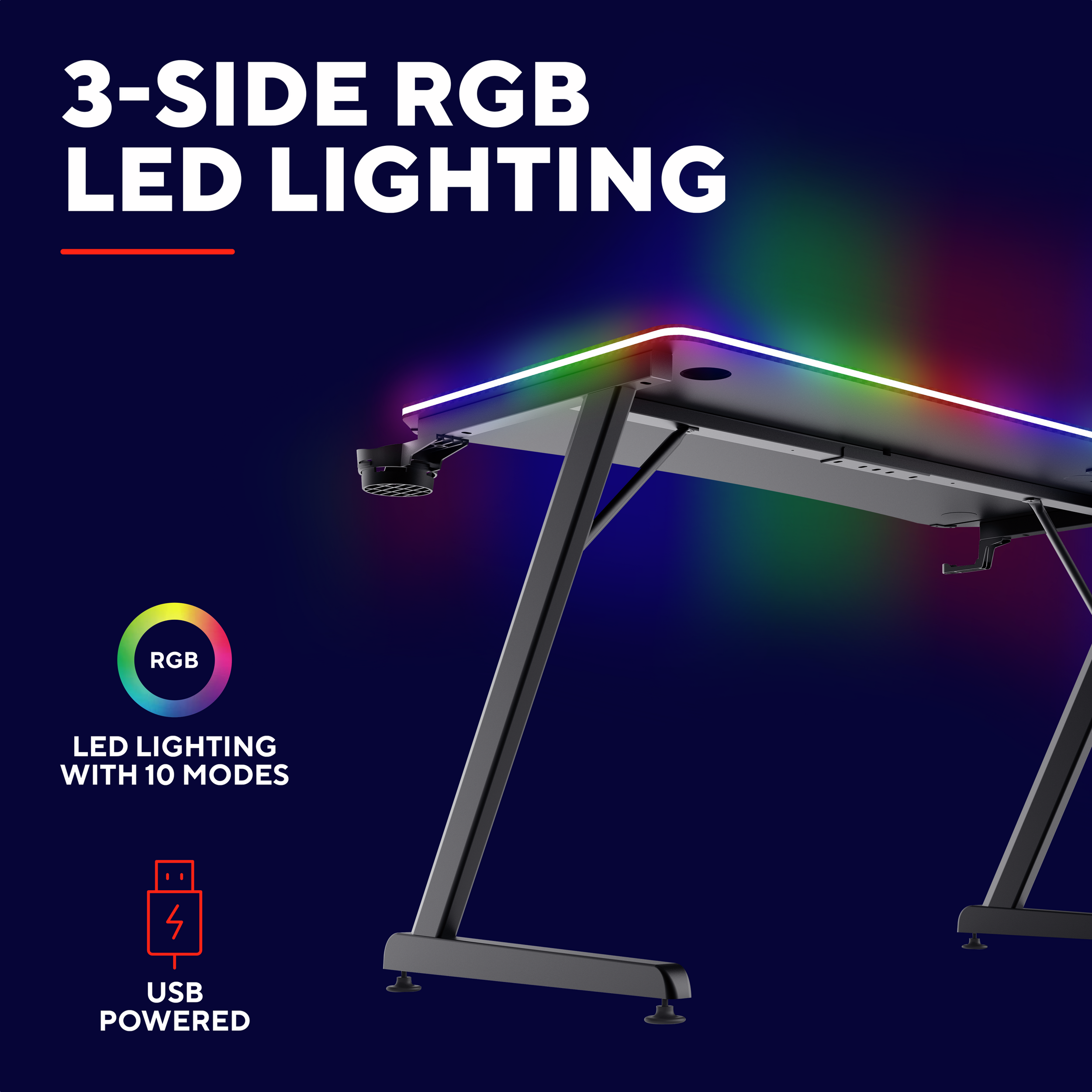 Een gamingbureau met 3-zijdige RGB LED-verlichting. Het bureau wordt via USB gevoed.