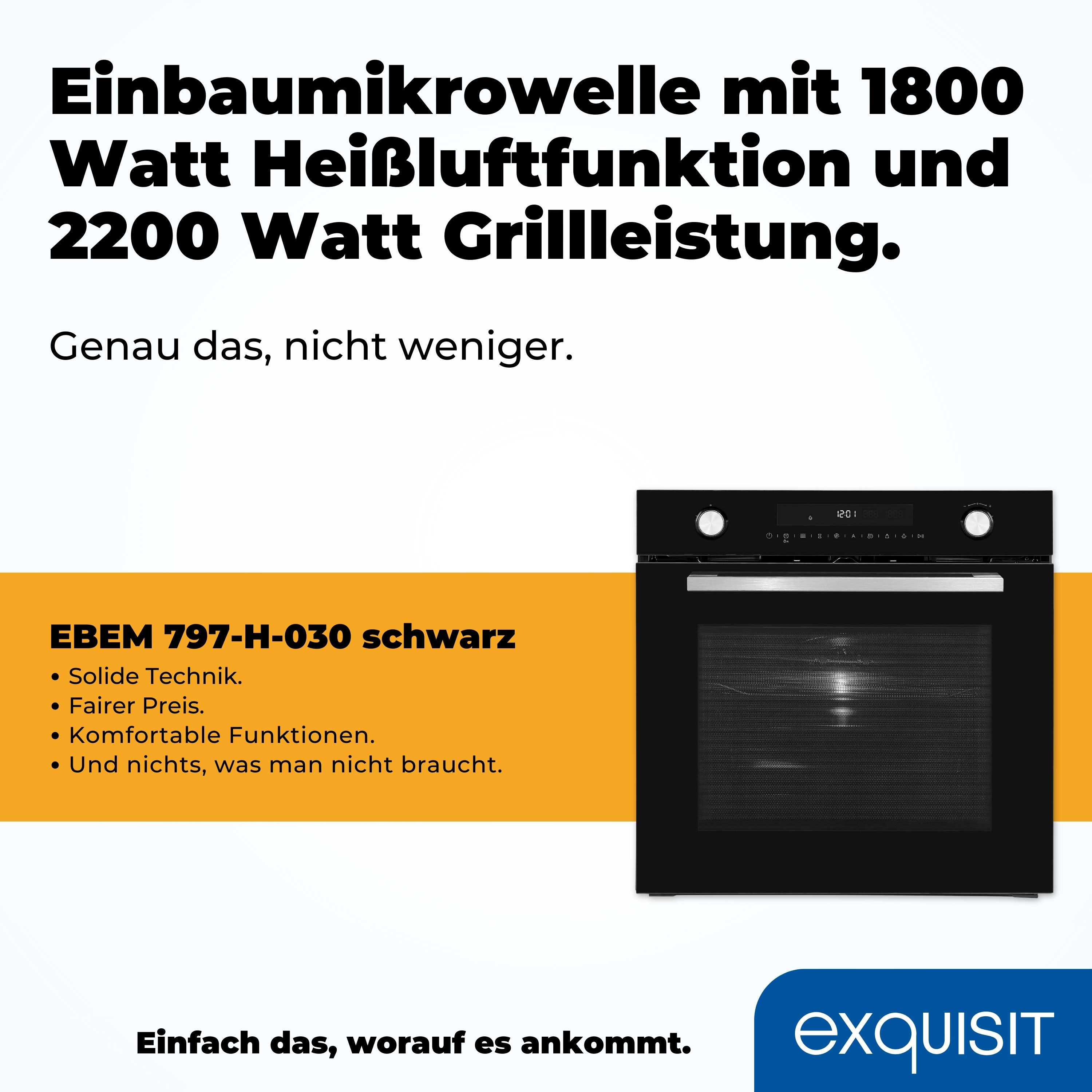 Schwarzer Backofen, mit deutschem Text über Funktionen und Markenlogo.