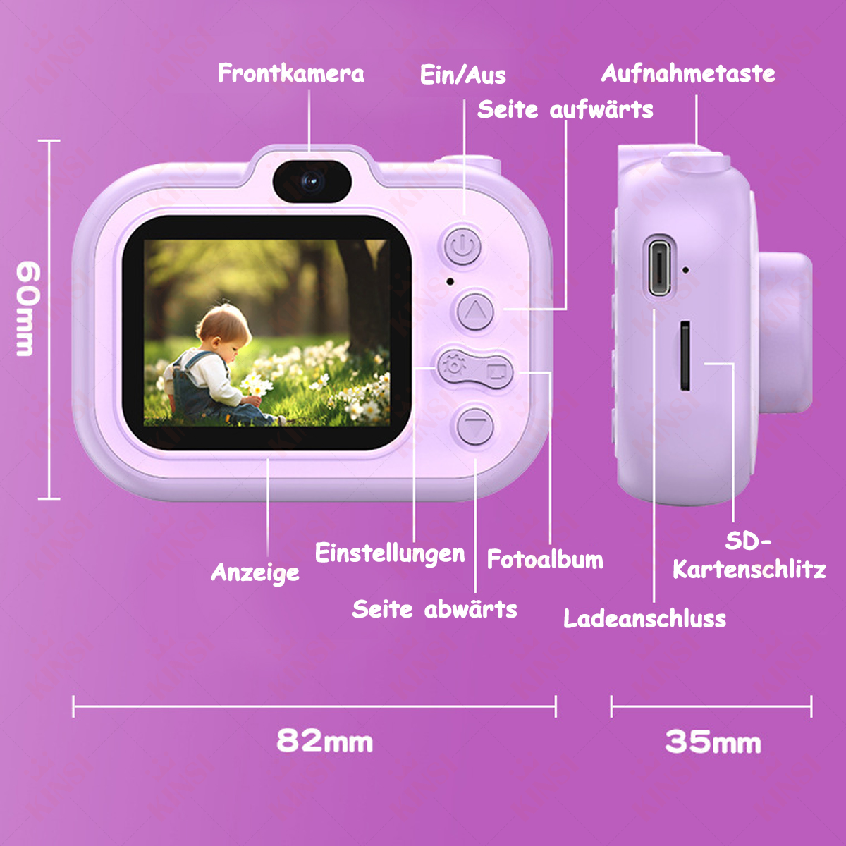 Fioletowy aparat dla dzieci z przyciskami, ekranem i etykietami. Pokazano wymiary aparatu.