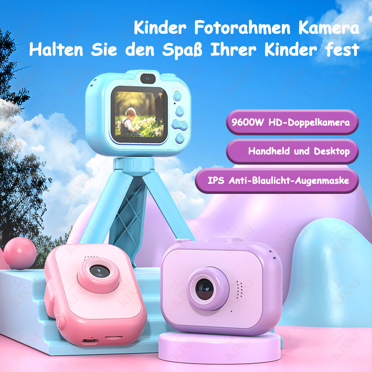 Różowe i niebieskie aparaty dla dzieci ze statywem, promujące zabawę i robienie zdjęć.