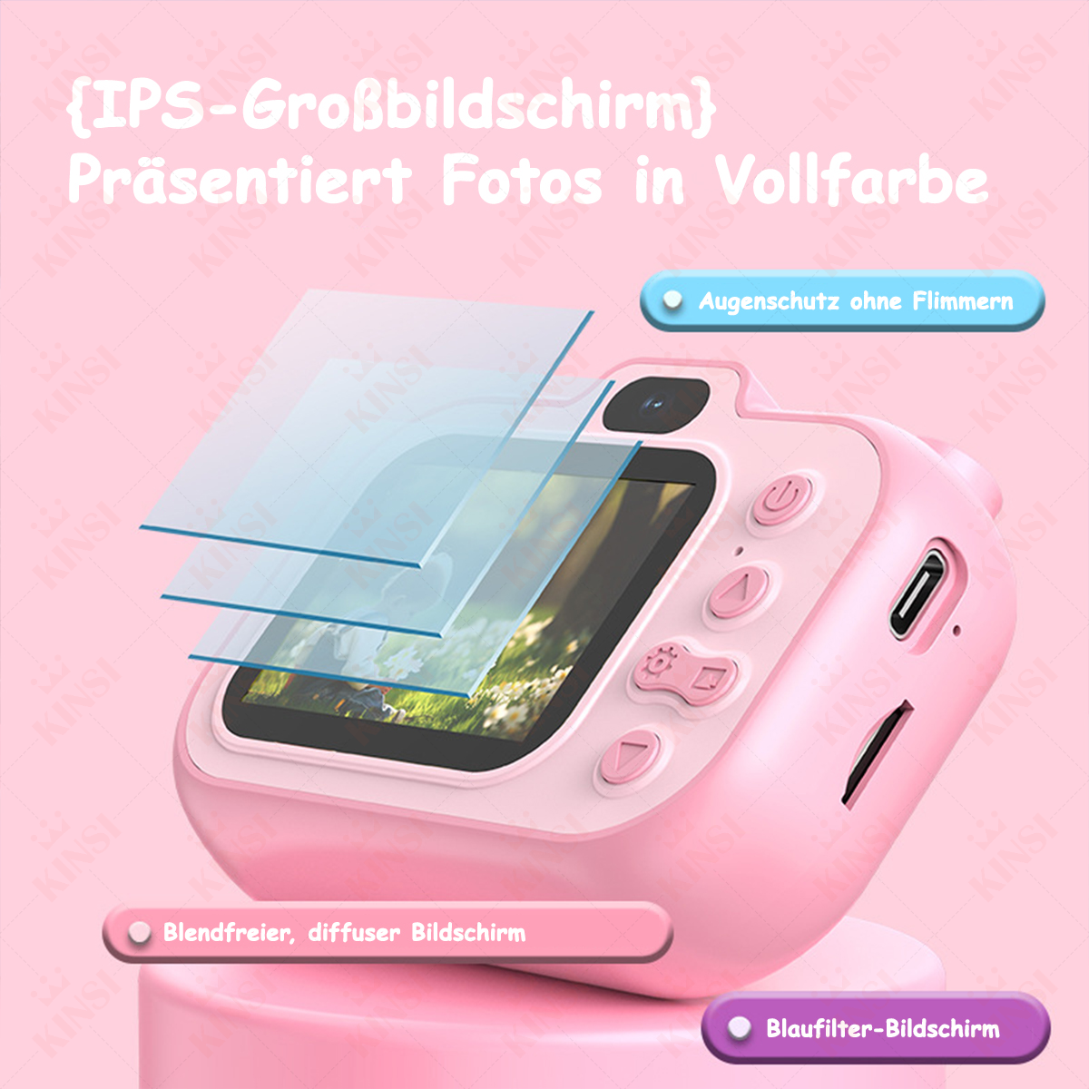 Różowy aparat z ekranem i przyciskami. Tekst po niemiecku. Niebieskie, różowe etykiety.