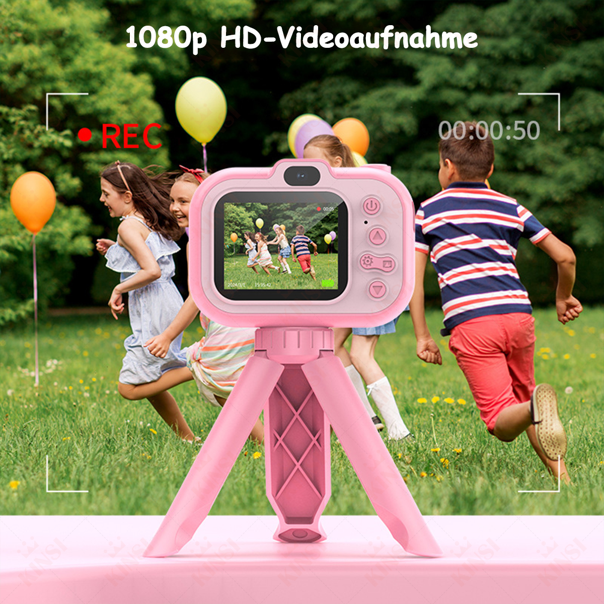 Różowa kamera na statywie z dziećmi biegającymi w parku. Cechy: wskaźnik REC, wyświetlanie czasu i wideo 1080p.