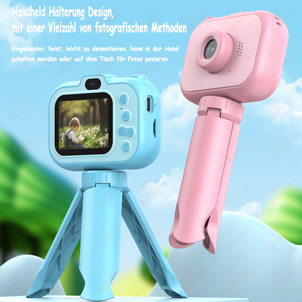 Niebieskie i różowe zabawki-aparaty z niebieskim statywem.