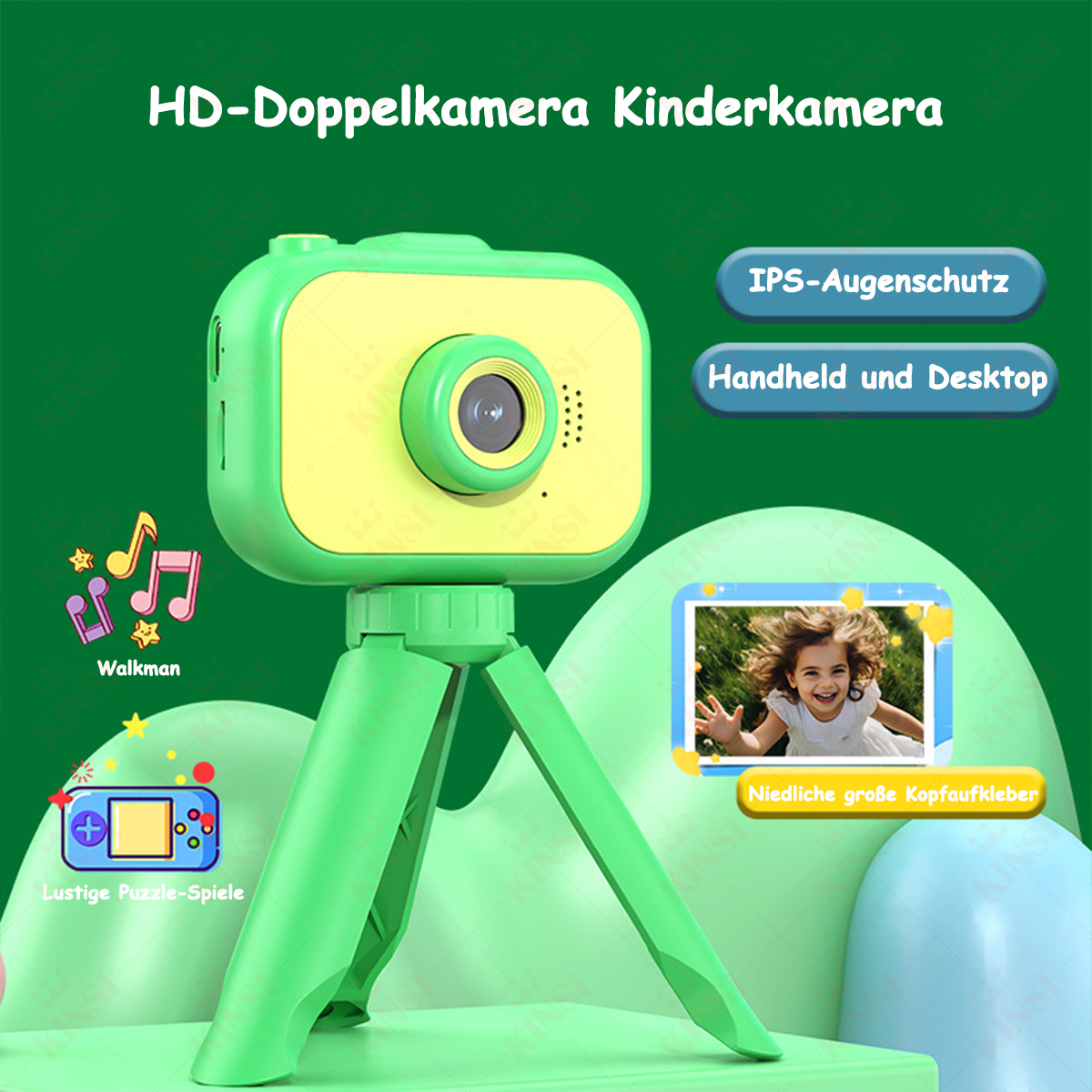 Zielono-żółty aparat dla dzieci ze statywem i zdjęciem dziecka, z tekstem.