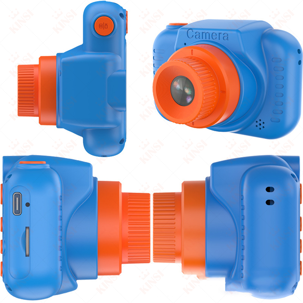 Vier Ansichten einer blau-orangenen Kamera. Zeigt Seiten und Vorderseite mit orangefarbener Linse und Knöpfen.